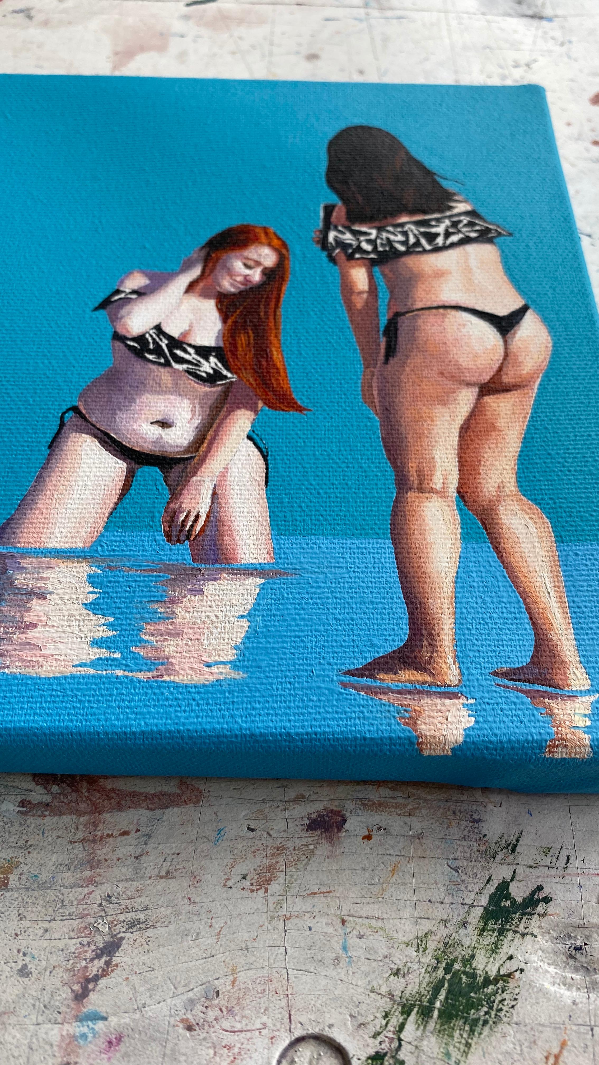 Geometria della spiaggia 4 - Pittura a olio figurativa moderna, vista sulla spiaggia, realismo, donne in vendita 5