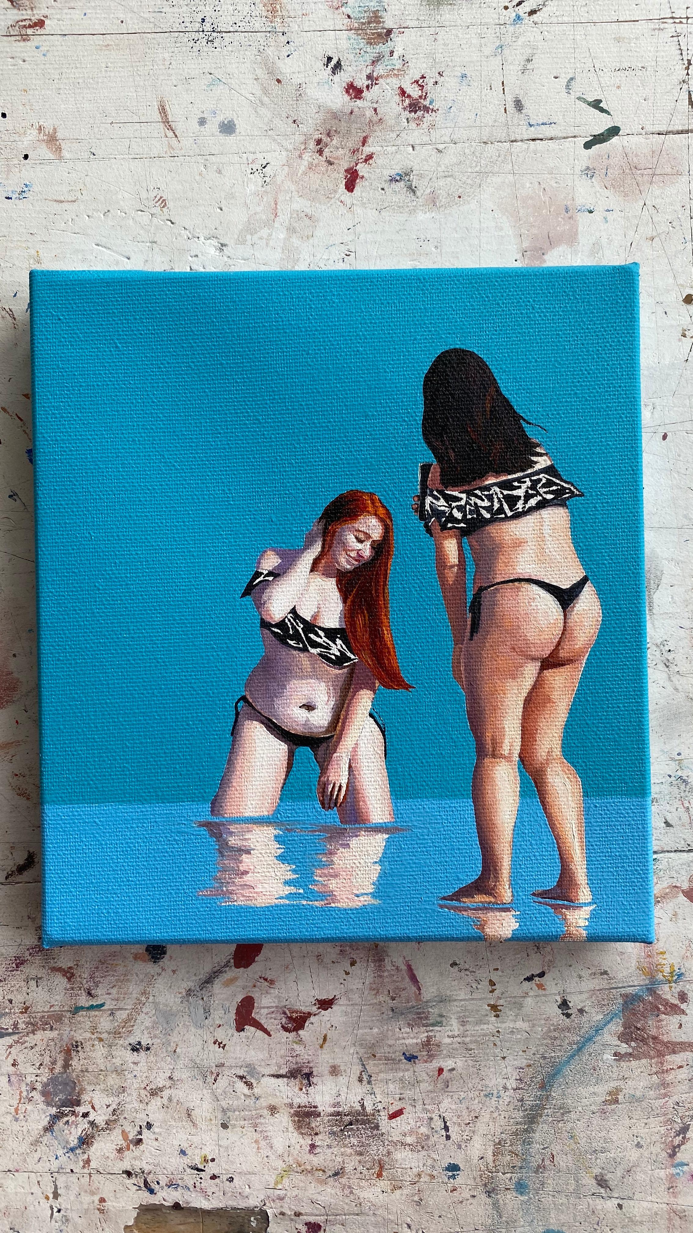 Geometria della spiaggia 4 - Pittura a olio figurativa moderna, vista sulla spiaggia, realismo, donne - Painting di Julita Malinowska