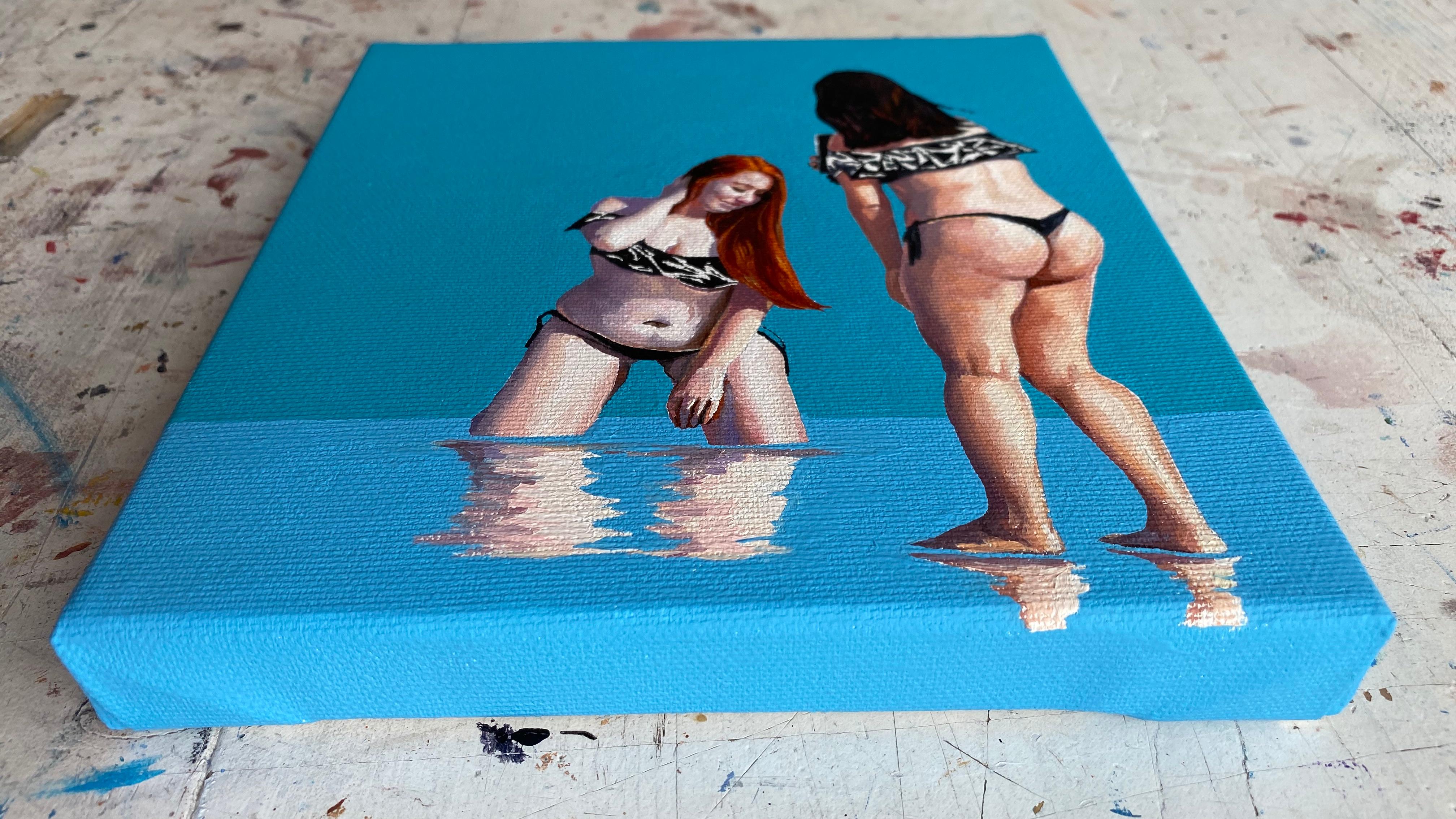 Geometria della spiaggia 4 - Pittura a olio figurativa moderna, vista sulla spiaggia, realismo, donne in vendita 2