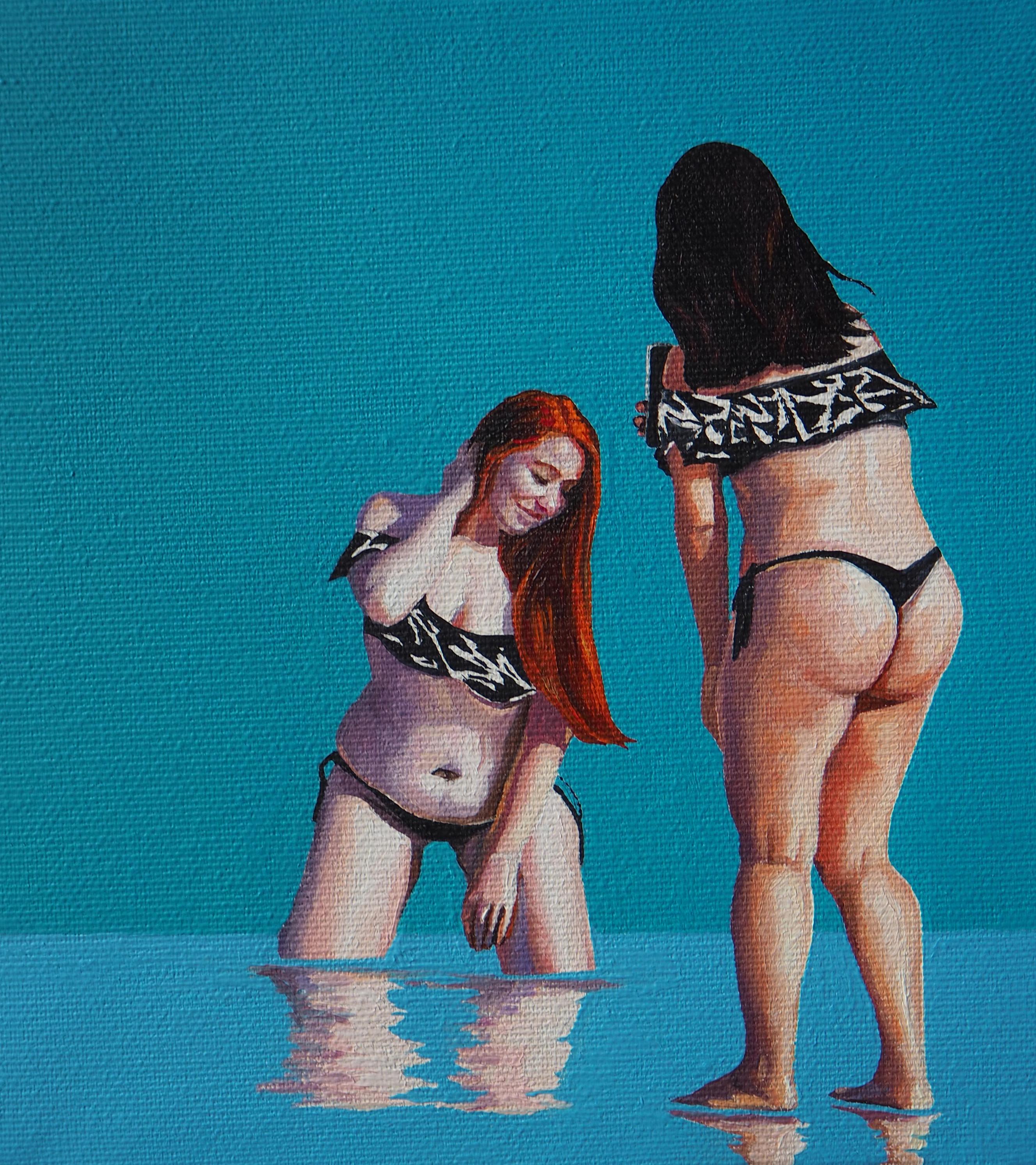 Landscape Painting di Julita Malinowska - Geometria della spiaggia 4 - Pittura a olio figurativa moderna, vista sulla spiaggia, realismo, donne
