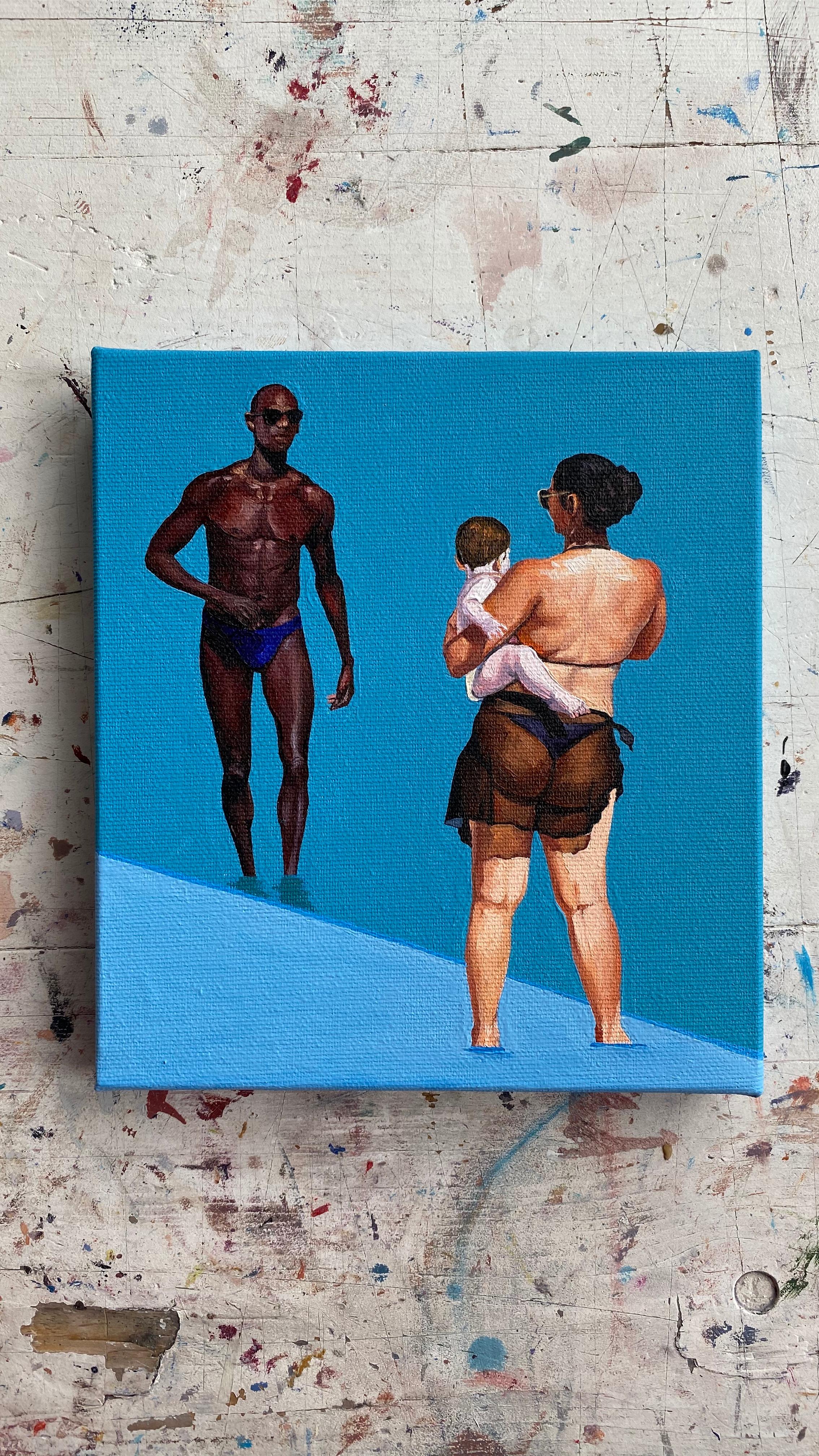 Geometria della spiaggia 5 - Pittura a olio figurativa moderna, vista sulla spiaggia, donna e uomo - Painting di Julita Malinowska