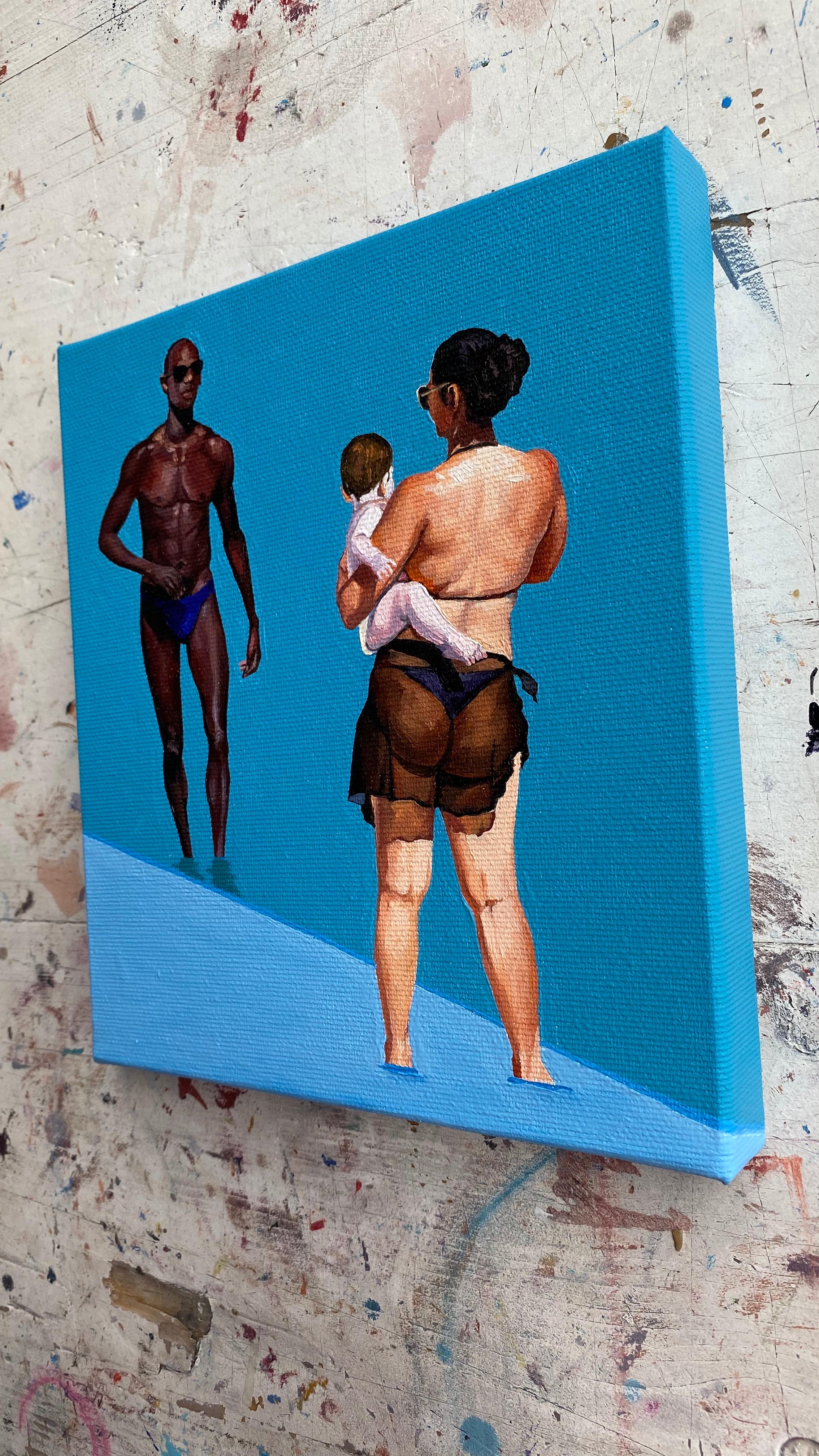 Geometria della spiaggia 5 - Pittura a olio figurativa moderna, vista sulla spiaggia, donna e uomo - Painting Contemporaneo di Julita Malinowska