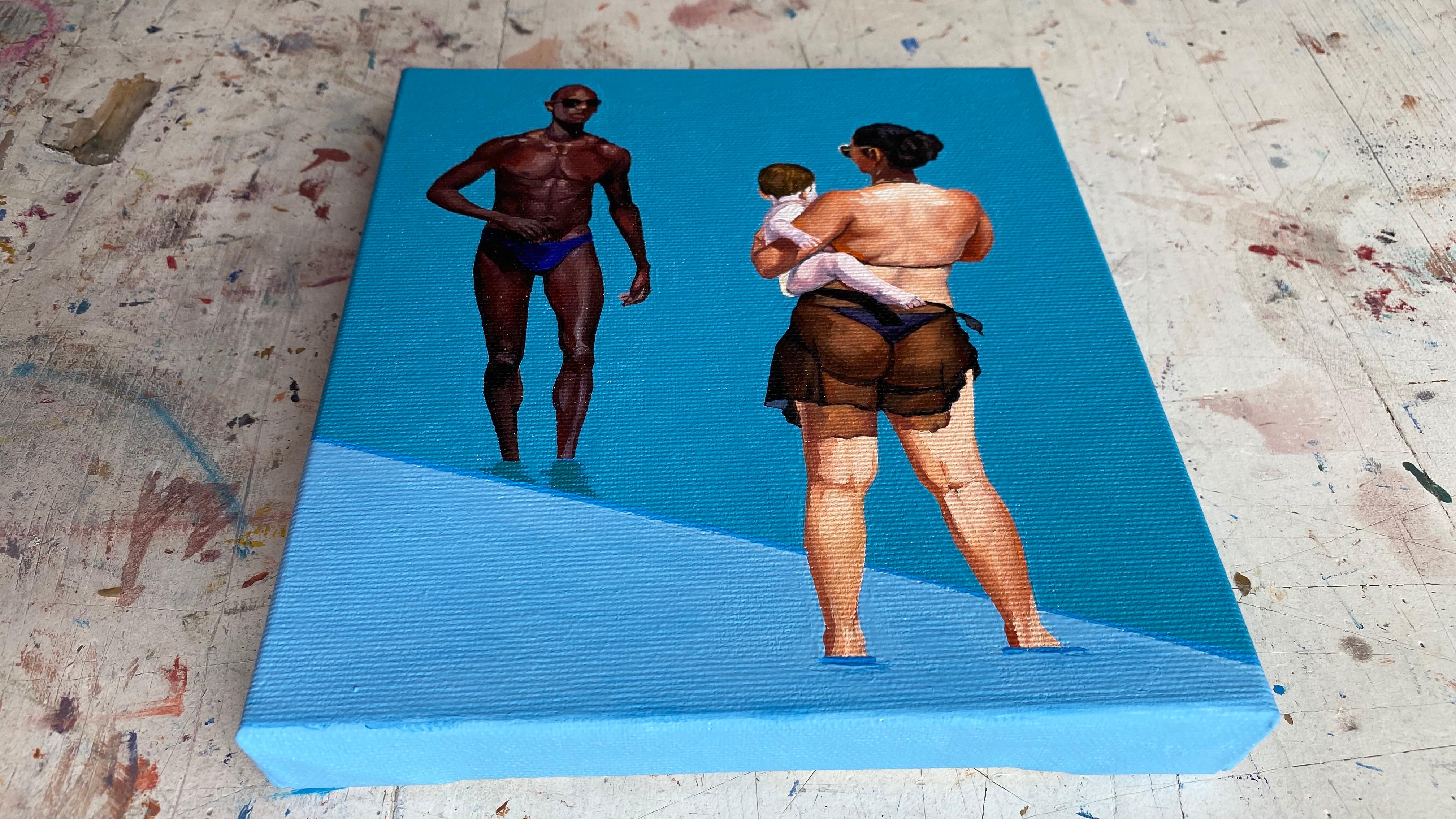 Geometria della spiaggia 5 - Pittura a olio figurativa moderna, vista sulla spiaggia, donna e uomo - Figurative Painting Blu di Julita Malinowska