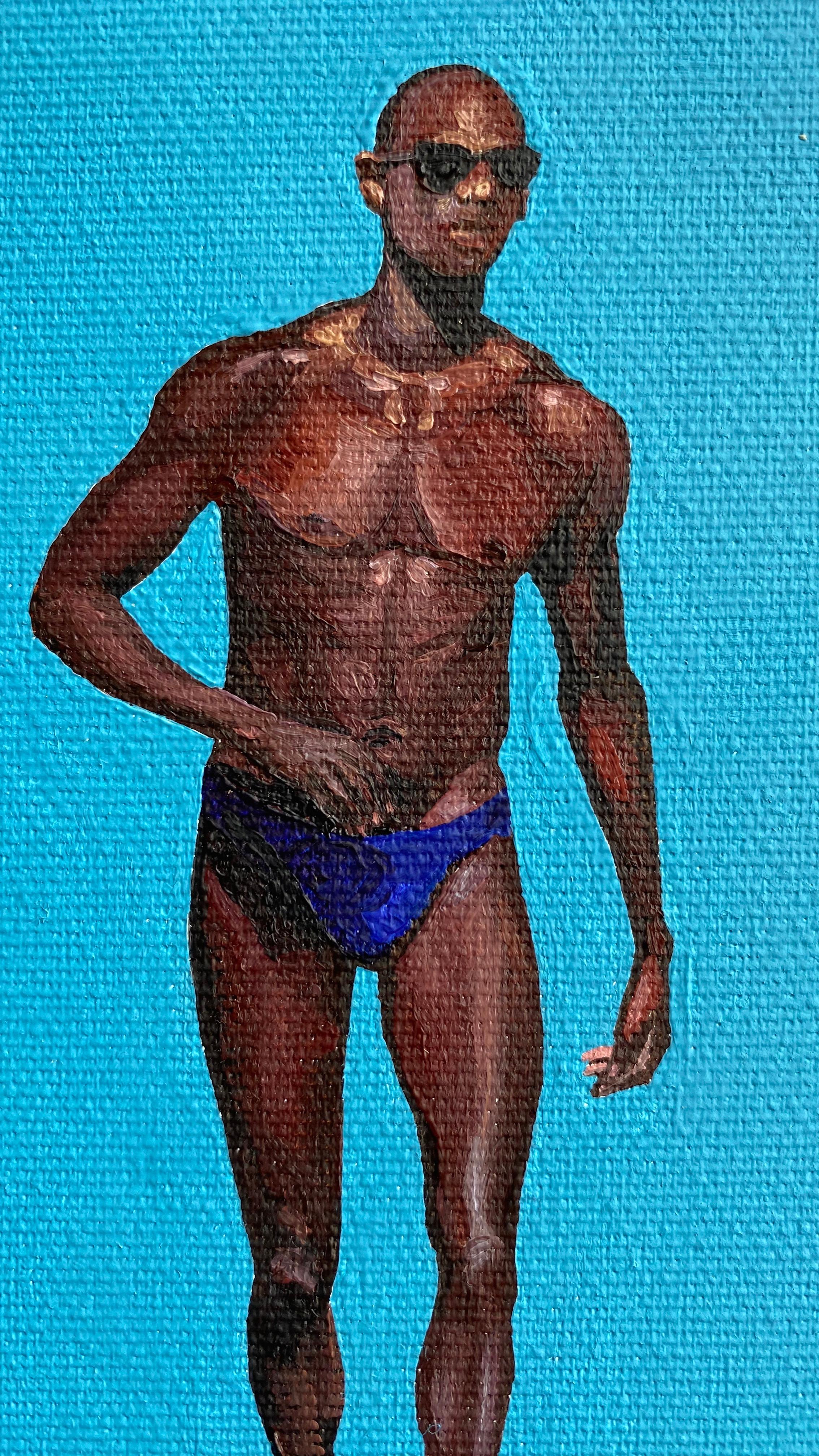 Geometria della spiaggia 5 - Pittura a olio figurativa moderna, vista sulla spiaggia, donna e uomo in vendita 2