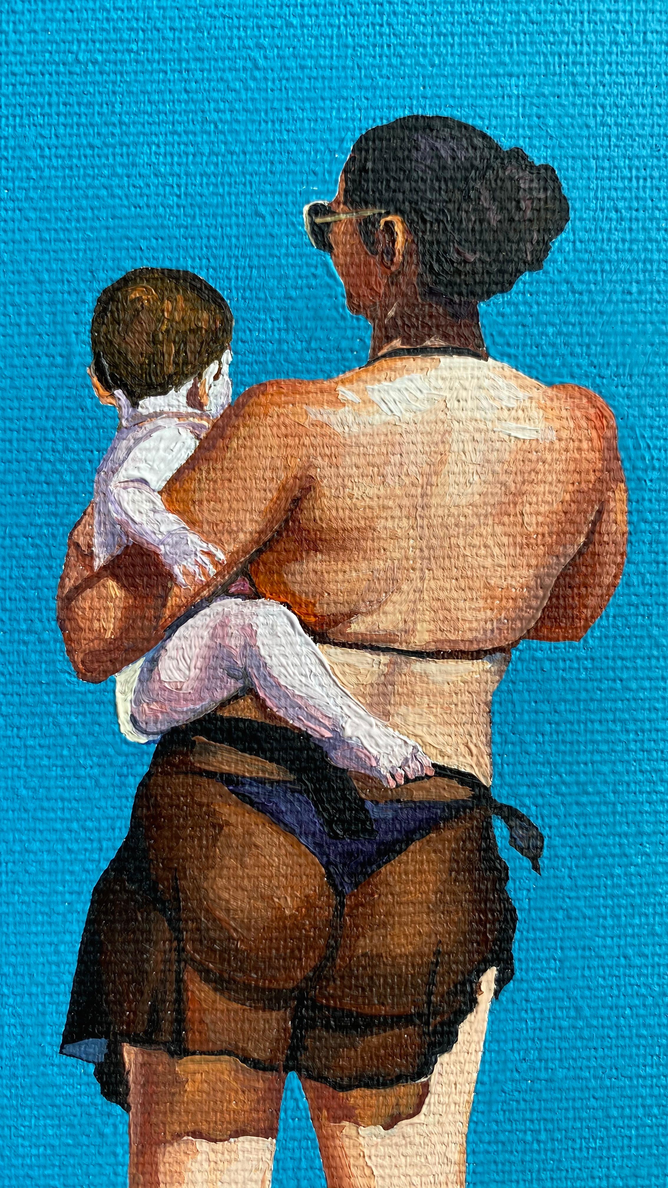 Geometria della spiaggia 5 - Pittura a olio figurativa moderna, vista sulla spiaggia, donna e uomo in vendita 3