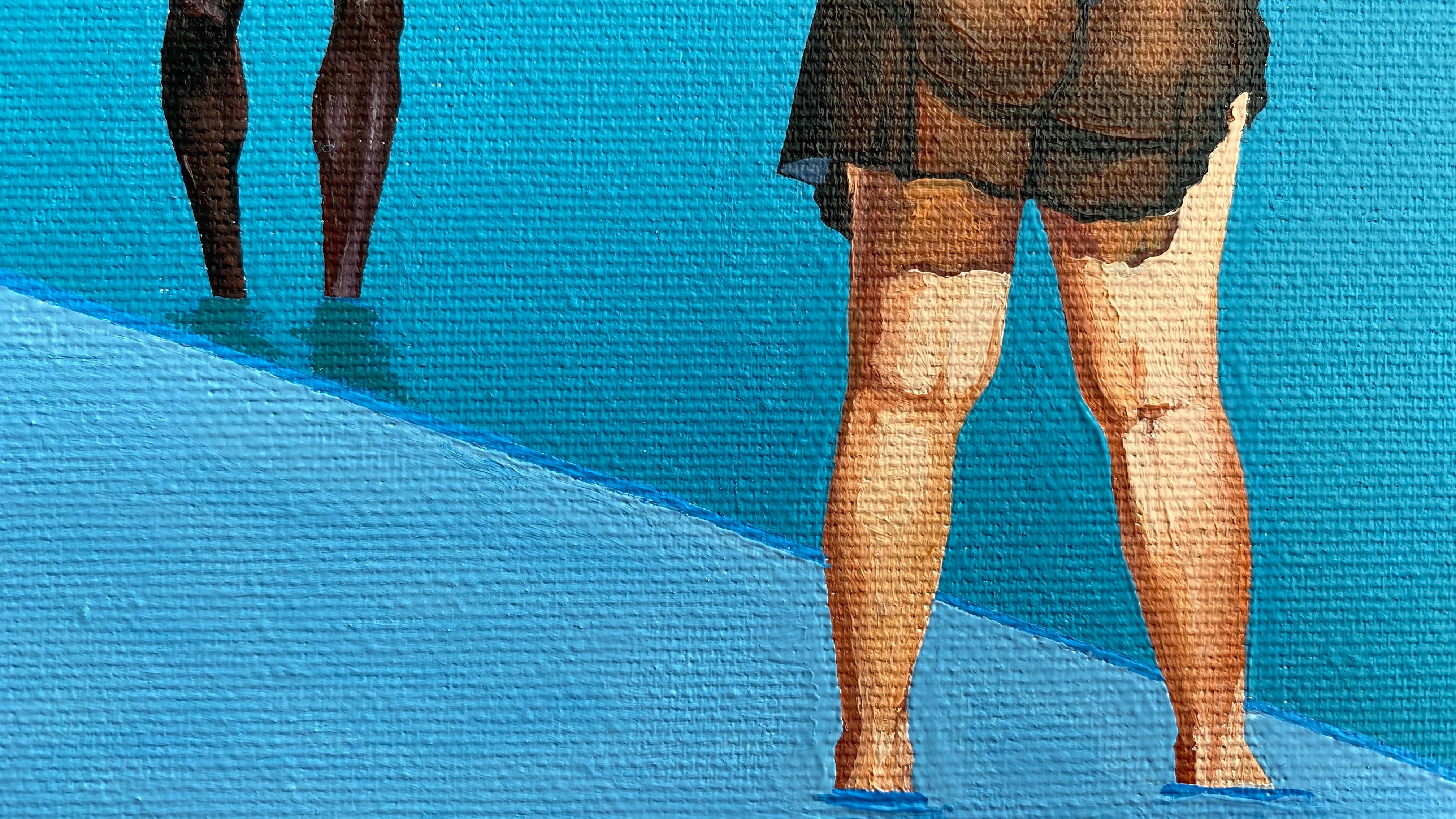 Geometria della spiaggia 5 - Pittura a olio figurativa moderna, vista sulla spiaggia, donna e uomo in vendita 4