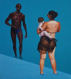 Beach Geometry 5 - Peinture à l'huile figurative moderne, vue de la plage, femme et homme