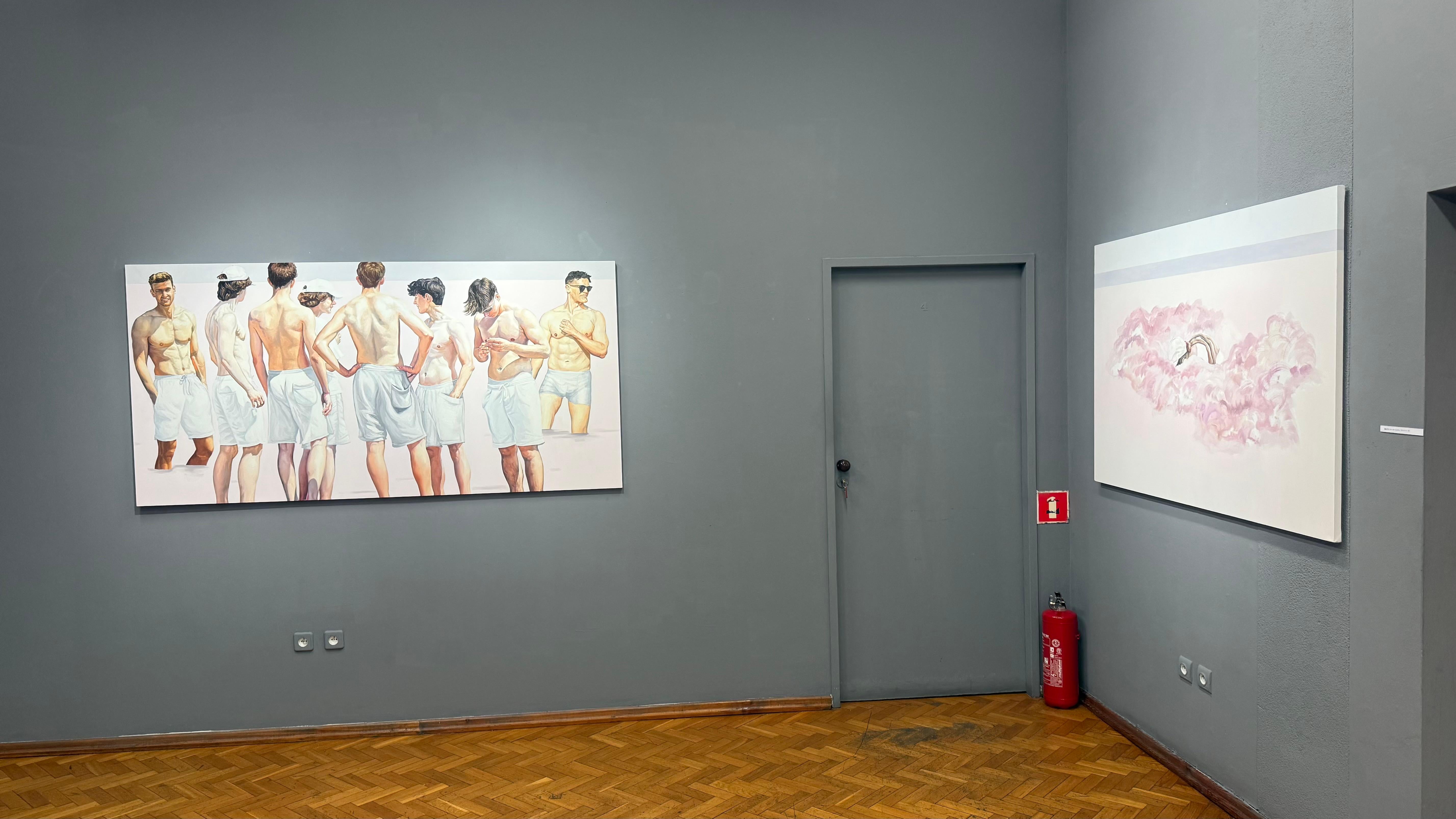 Beginn XI - Zeitgenössische fröhliche Ölmalerei, Strandansicht, Meeresküste, Pastell (Grau), Figurative Painting, von Julita Malinowska