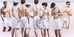 Starting XI - Pittura a olio contemporanea e allegra, vista sulla spiaggia, riva del mare, formato XL