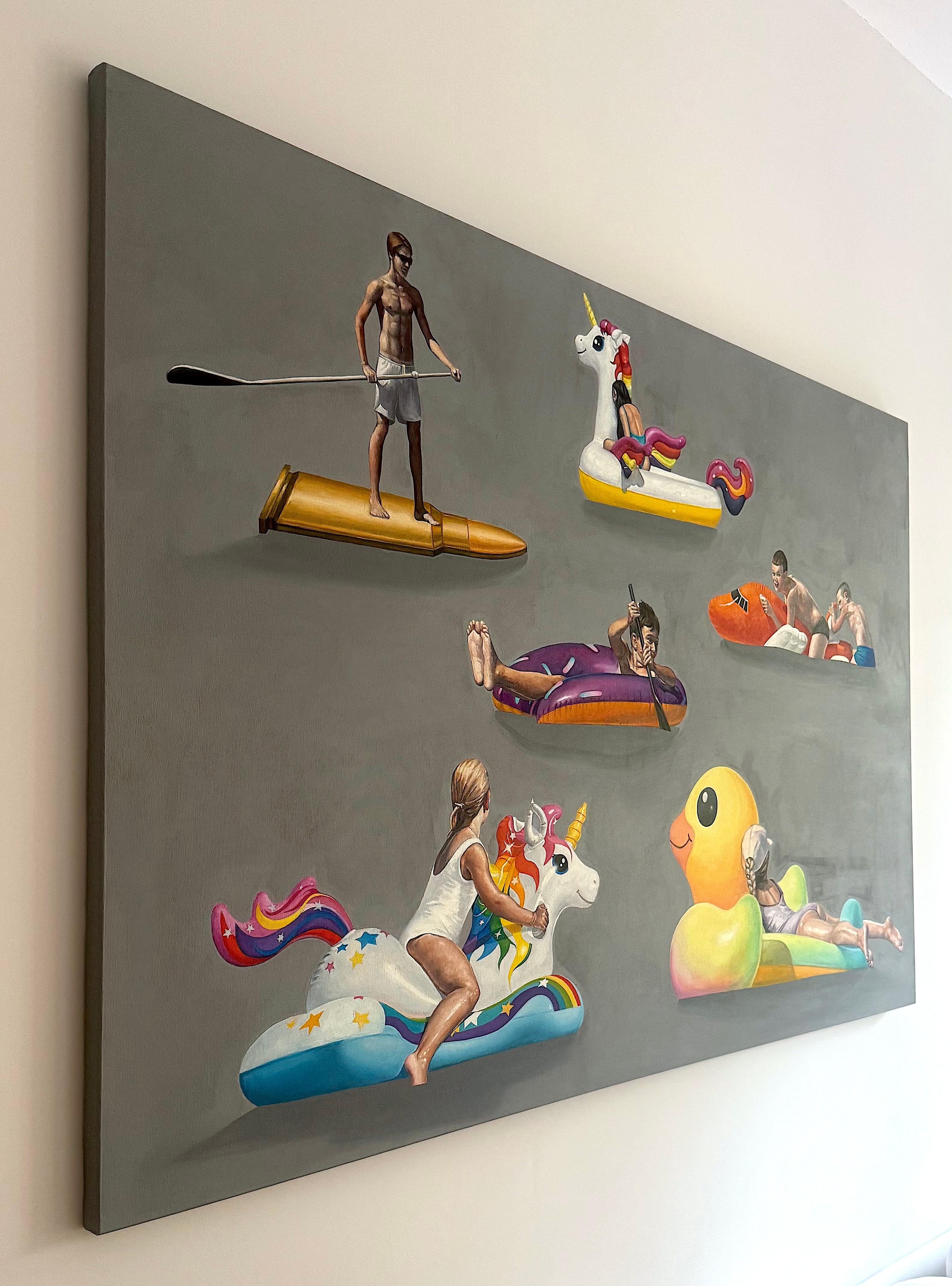 Bullet - Zeitgenössisches, fröhliches, figuratives Ölgemälde, Strandansicht, Meeresküste (Grau), Landscape Painting, von Julita Malinowska