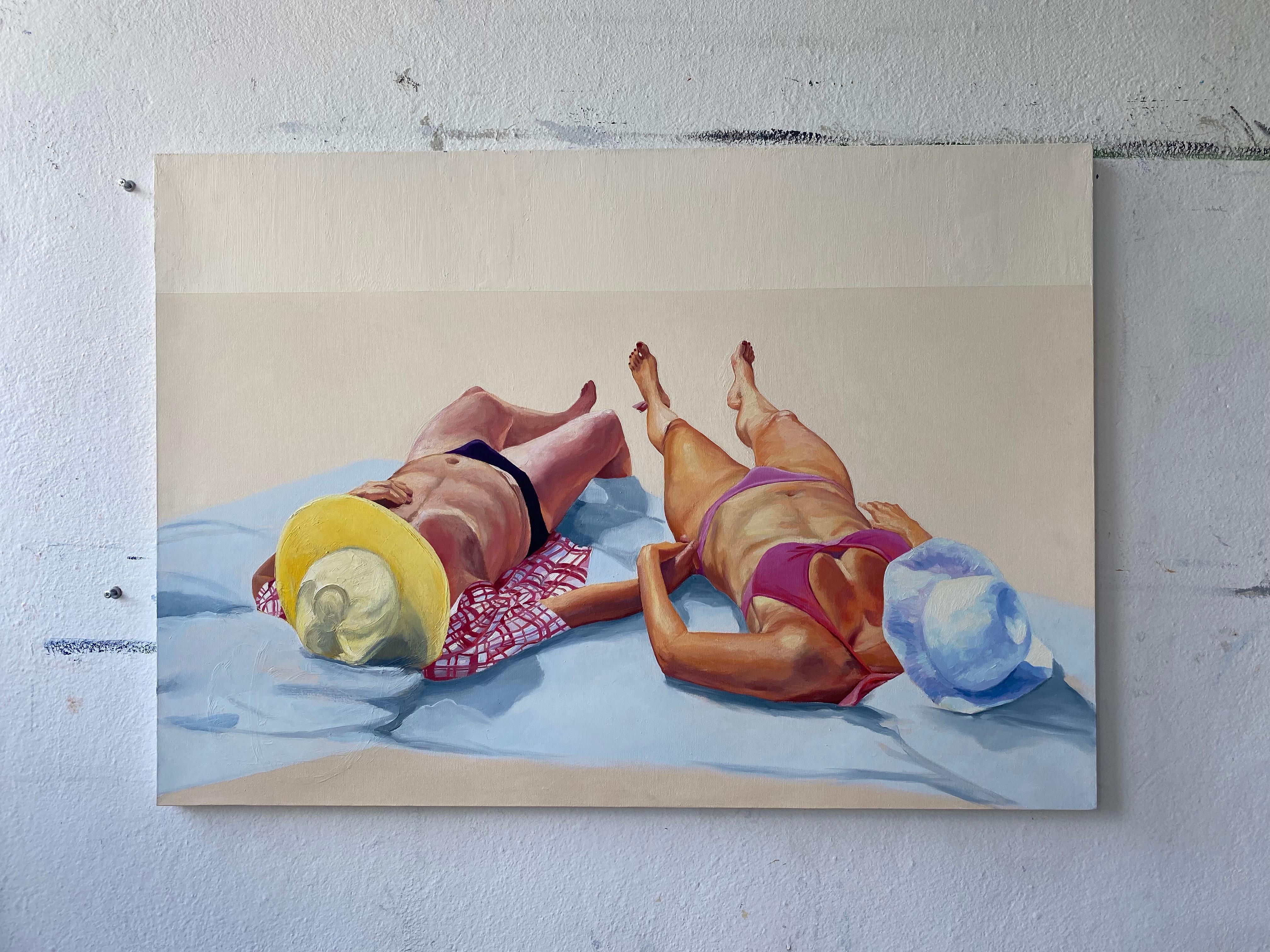 Couple 2 - Peinture à l'huile figurative contemporaine, joyeux, soleil, plage, bain de soleil - Painting de Julita Malinowska