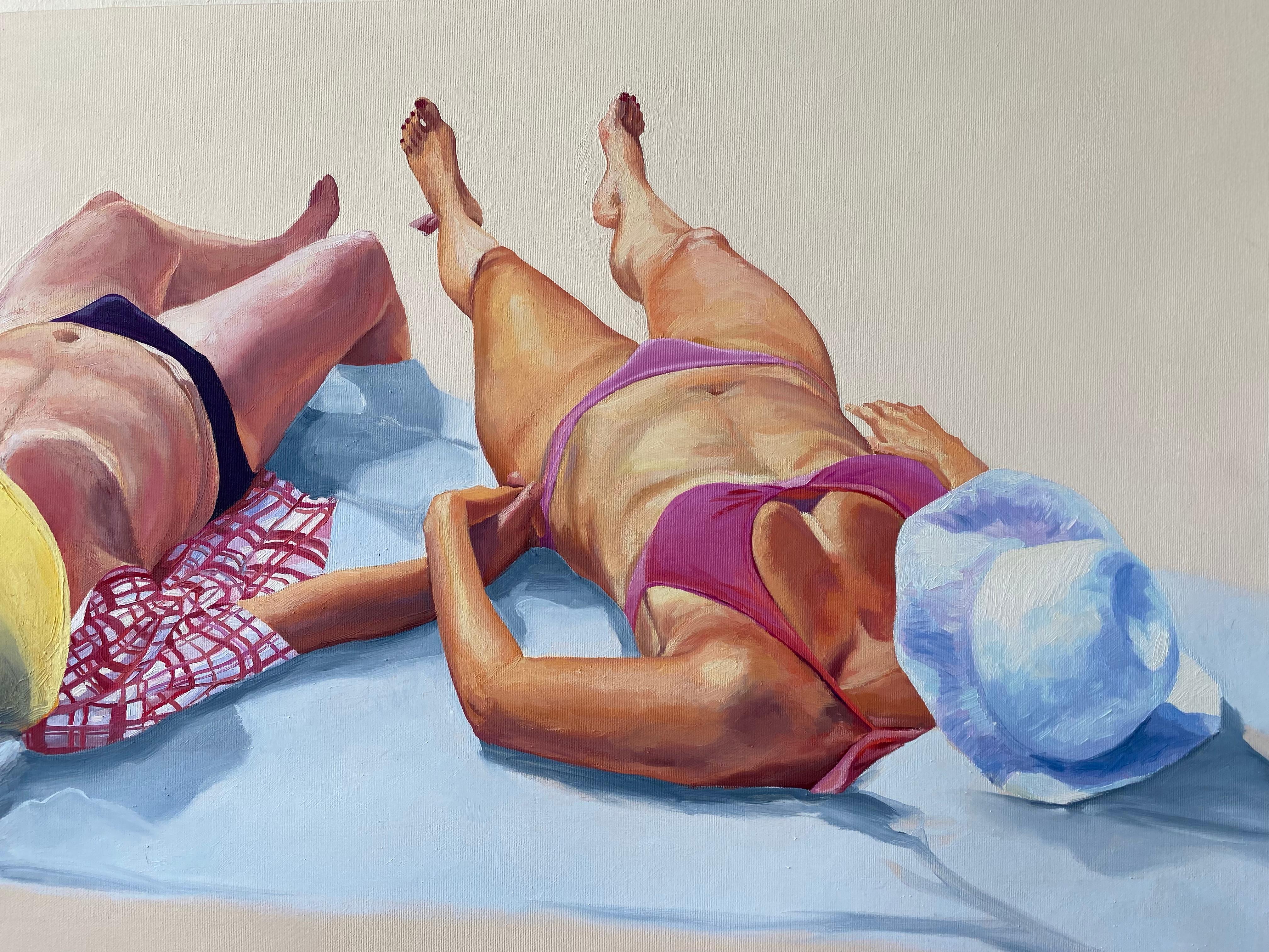 Couple 2 - Contemporary Figurative Oil Painting, Joyful, Sun, Beach, Sunbathing For Sale 1