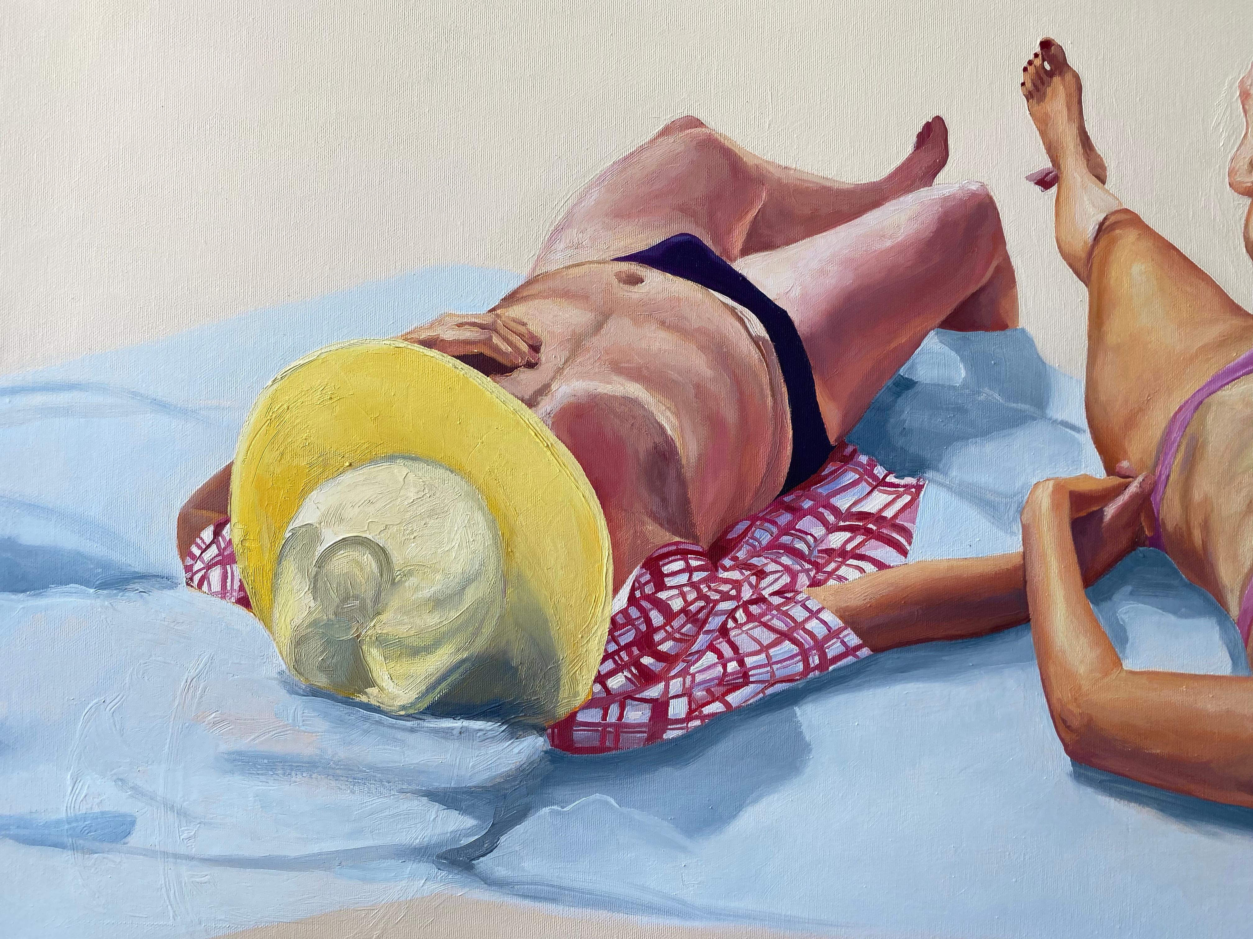 Couple 2 - Contemporary Figurative Oil Painting, Joyful, Sun, Beach, Sunbathing For Sale 2
