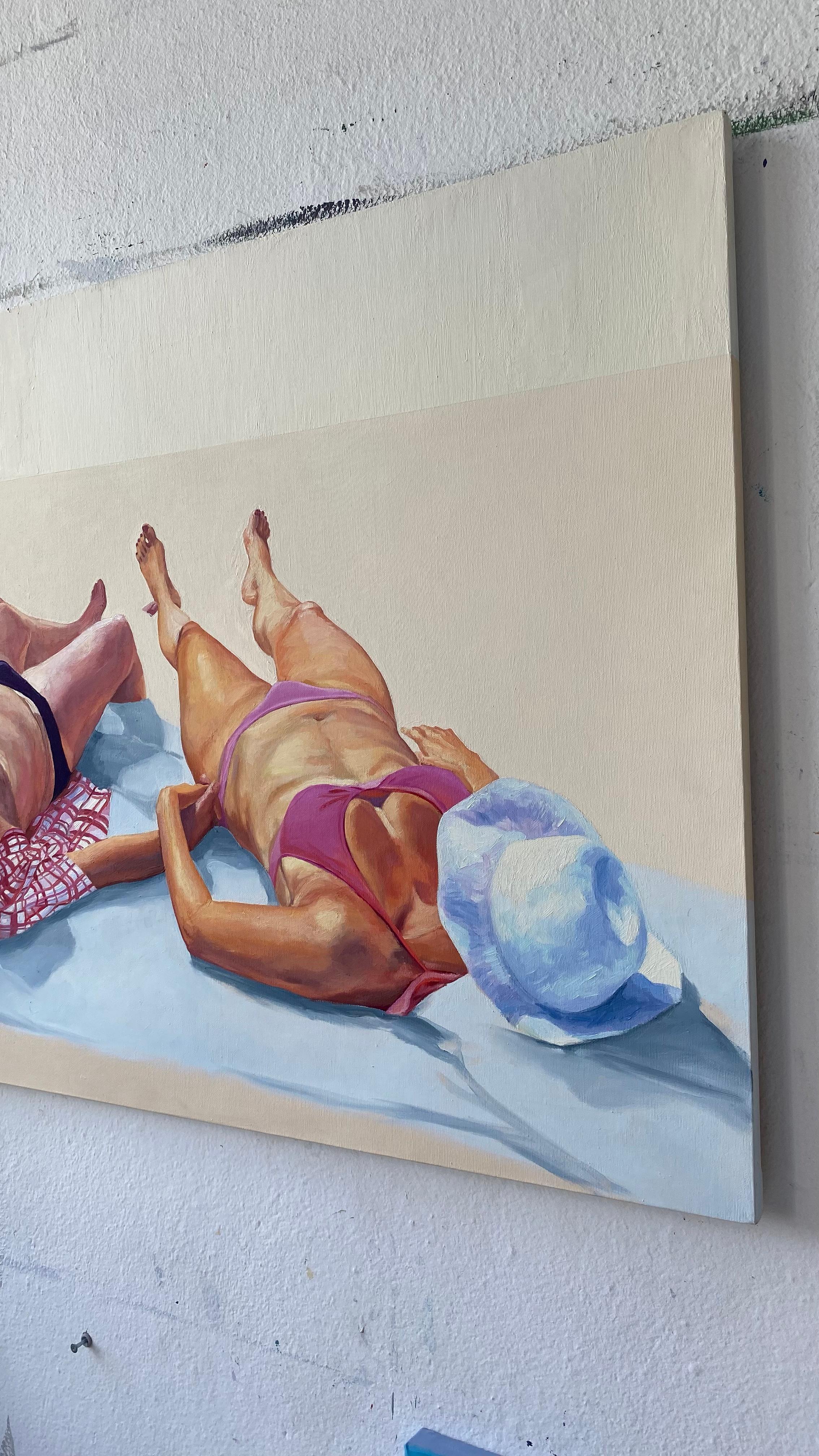 Couple 2 - Peinture à l'huile figurative contemporaine, joyeux, soleil, plage, bain de soleil en vente 1