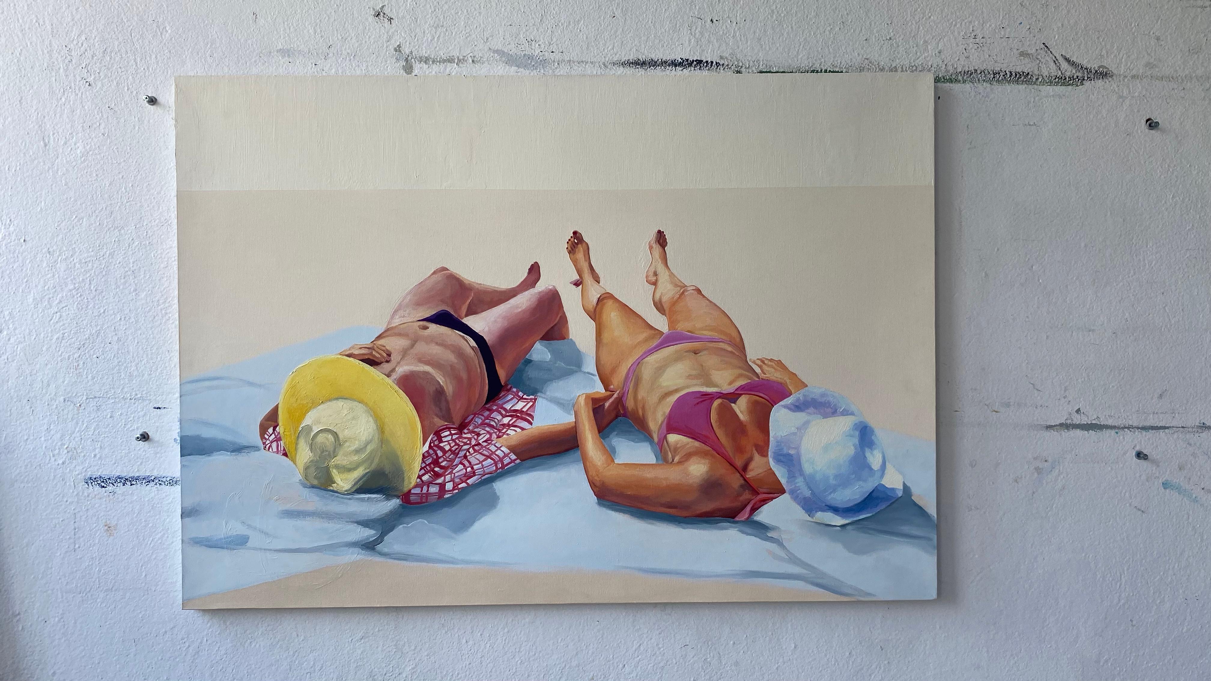 Couple 2 - Peinture à l'huile figurative contemporaine, joyeux, soleil, plage, bain de soleil en vente 2