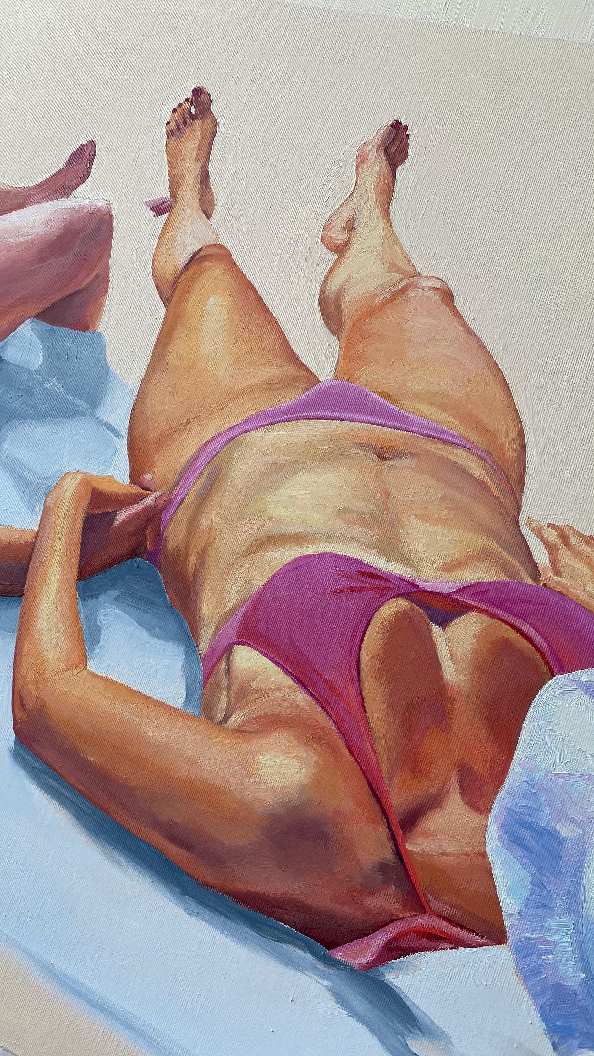 Couple 2 - Peinture à l'huile figurative contemporaine, joyeux, soleil, plage, bain de soleil en vente 3