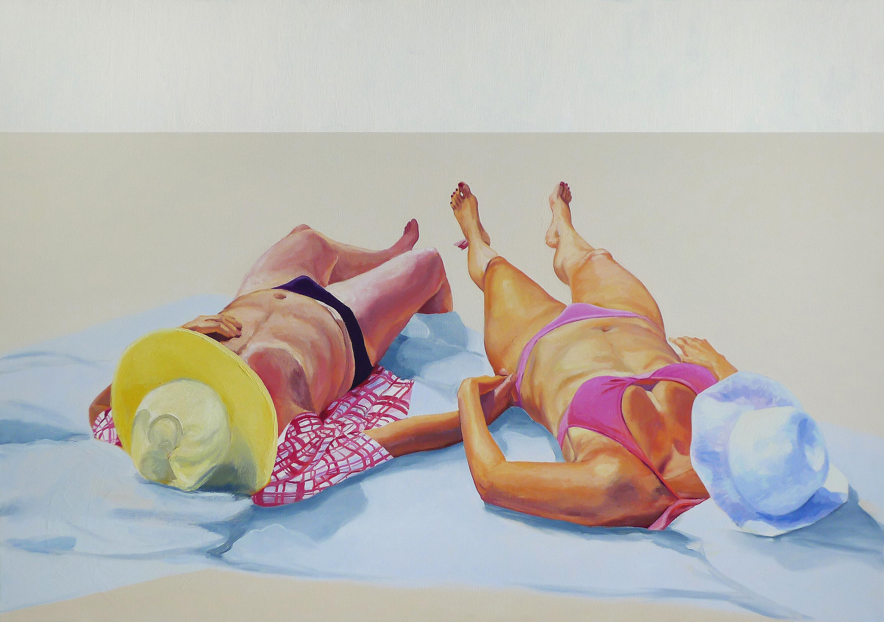Couple 2 - Peinture à l'huile figurative contemporaine, joyeux, soleil, plage, bain de soleil