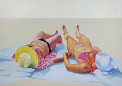 Couple 2 - Contemporary Figurative Oil Painting, Joyful, Sun, Beach, Sunbathing