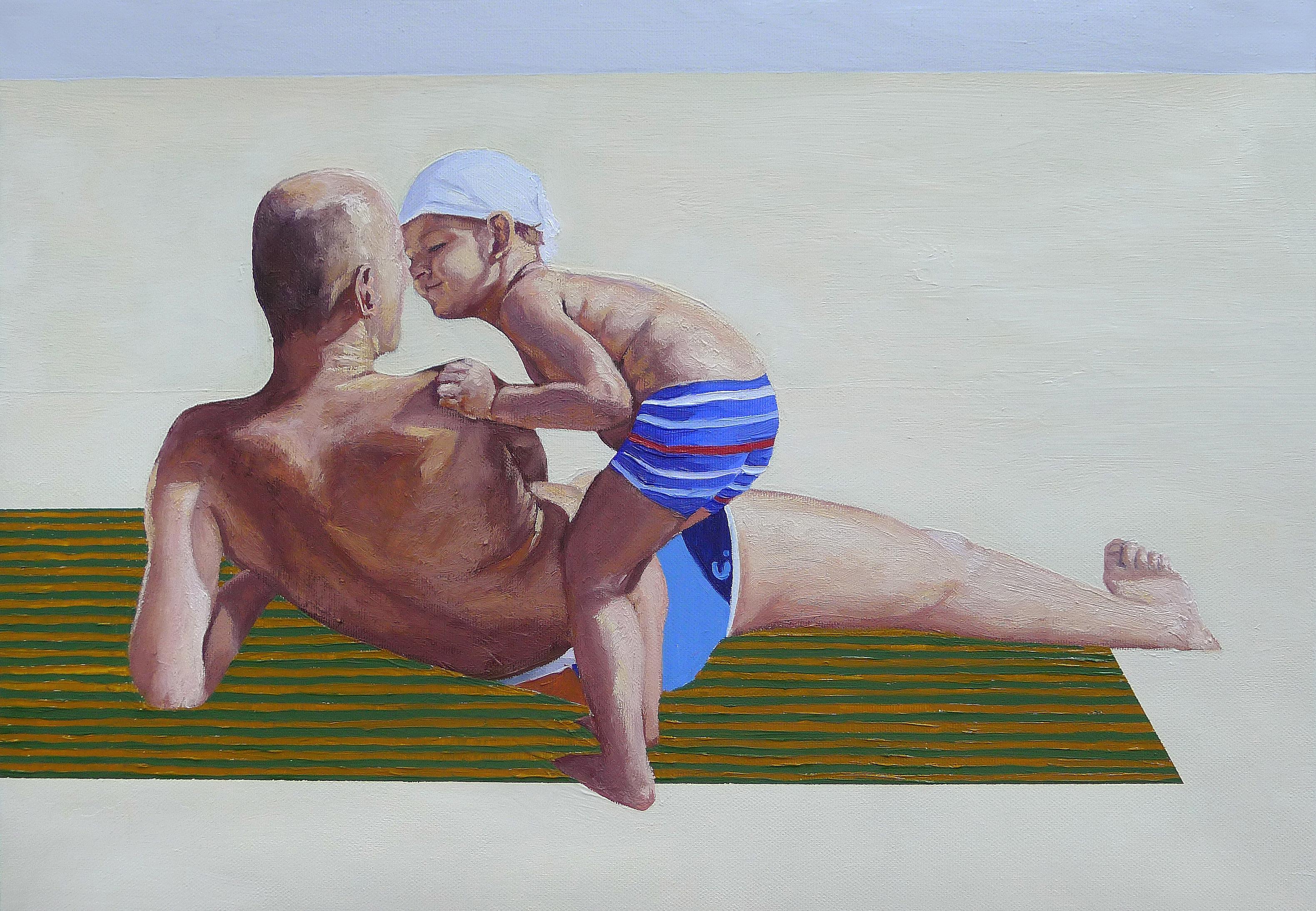 Julita Malinowska Figurative Painting - Dawidek (Father And Son) - Contemporary Figurative Oil Painting, Beach, Realism