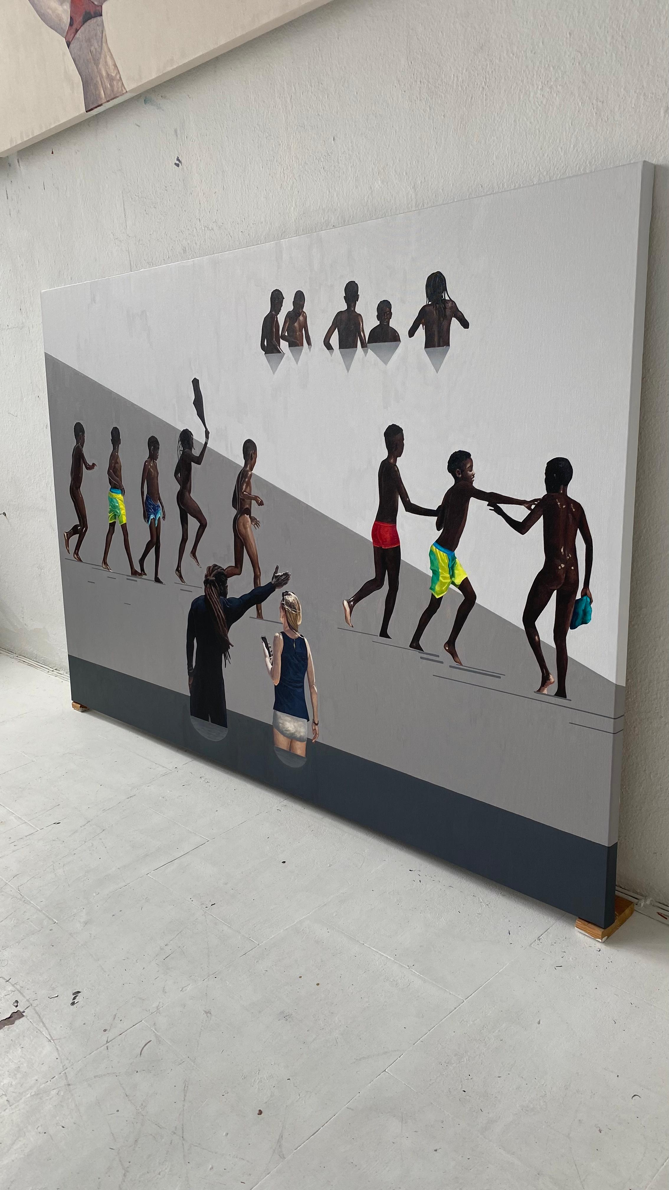 Dialogue VIII - Zeitgenössische figurative Ölgemälde, Strandansicht, Menschen (Grau), Figurative Painting, von Julita Malinowska