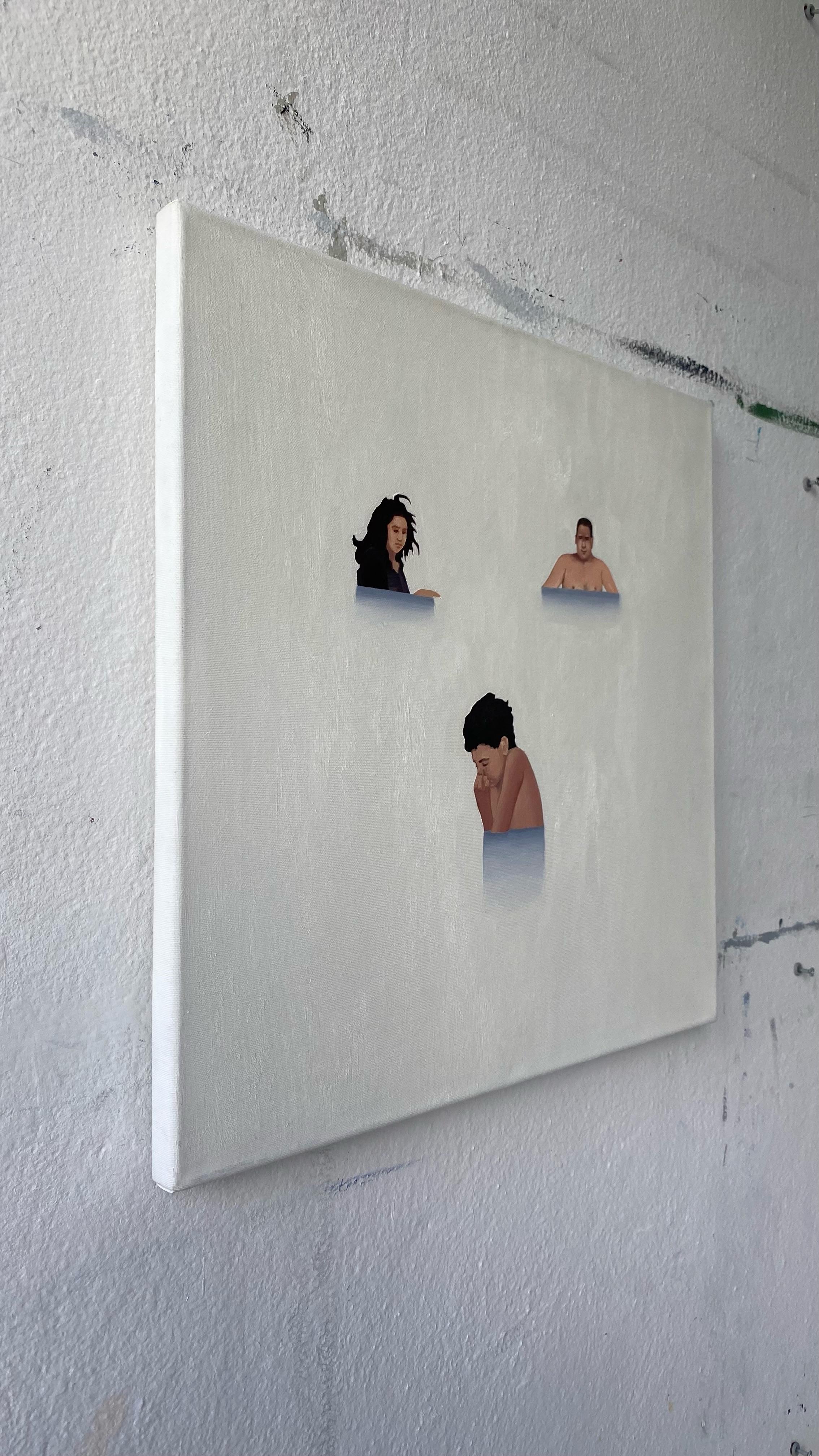 Familia 2 - Pintura al óleo figurativa minimalista contemporánea, realismo, playa - Portrait Painting Gris de Julita Malinowska