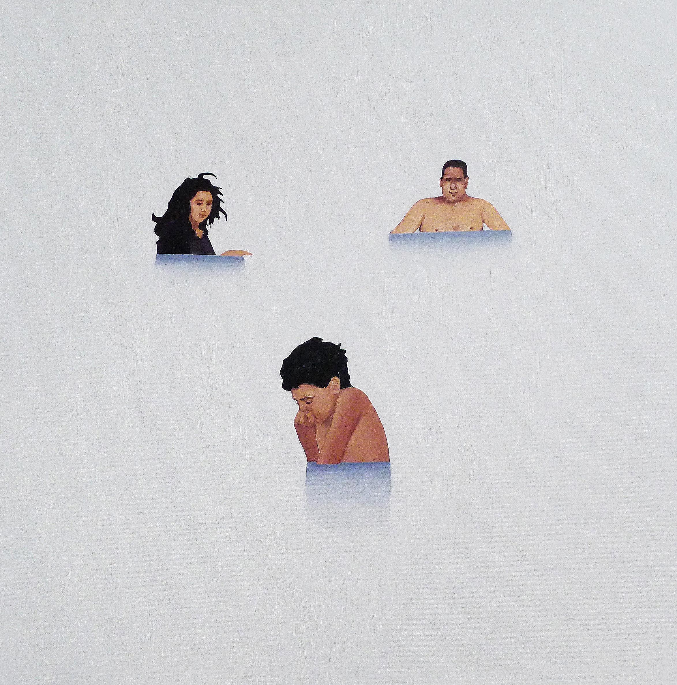 Famiglia 2 - Pittura ad olio contemporanea minimalista figurativa, realismo, spiaggia