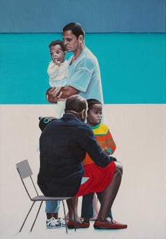 Fathers - Contemporary Figurative Oil Painting, Sea, Beach View, Realism, Joyful