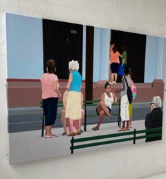 Fulfilled II – Modernes figuratives Ölgemälde, Realismus, Frauen, farbenfrohe, Stadt