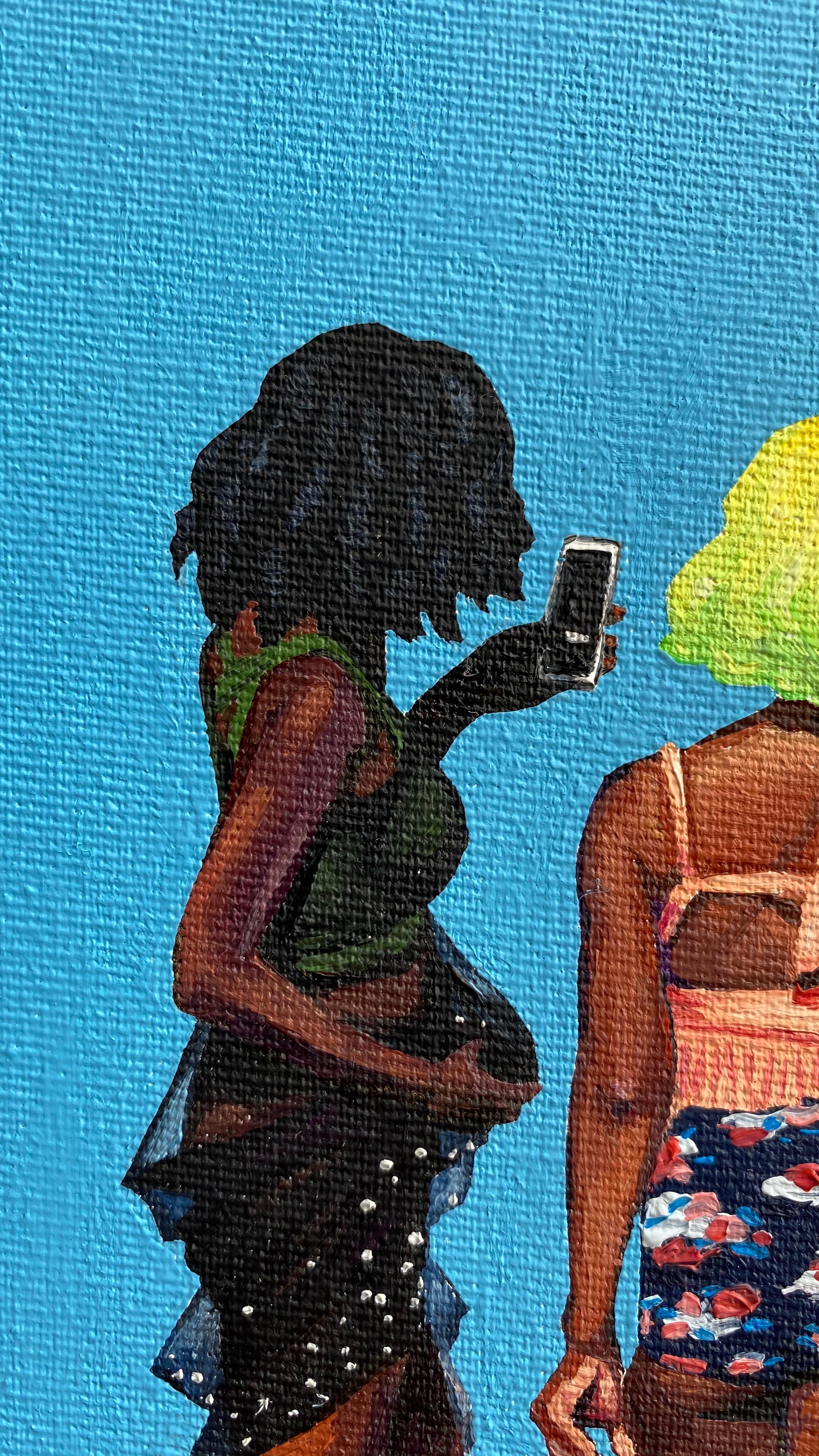 Ragazze 1 - Pittura ad olio figurativa moderna, Vista sulla spiaggia, Realismo, Ritratto di donna - Portrait Painting Blu di Julita Malinowska