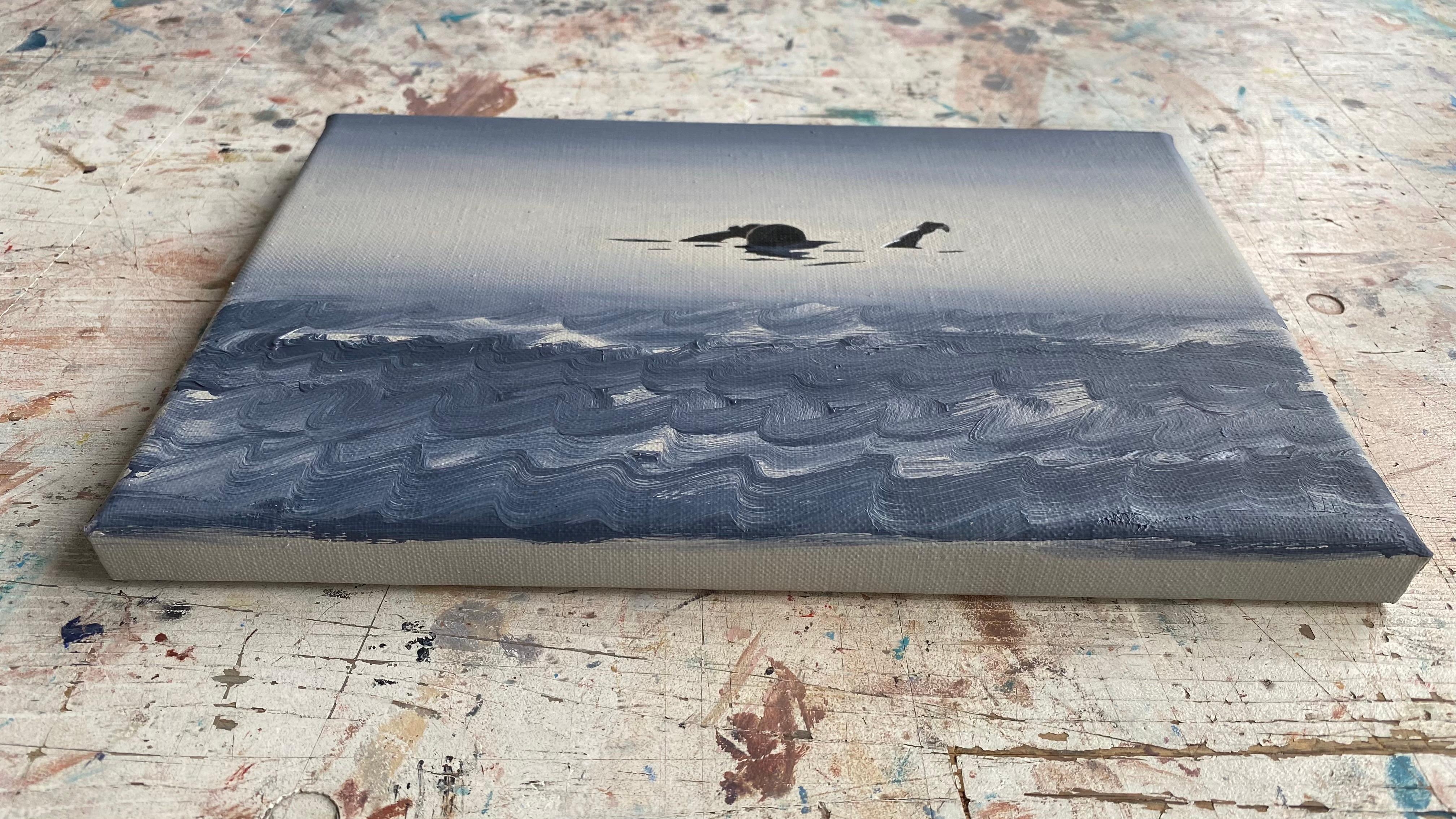 Glare 7 - Modern Figurative Oil Painting, Sea View, Waves, Swimming - Gray Landscape Painting by Julita Malinowska