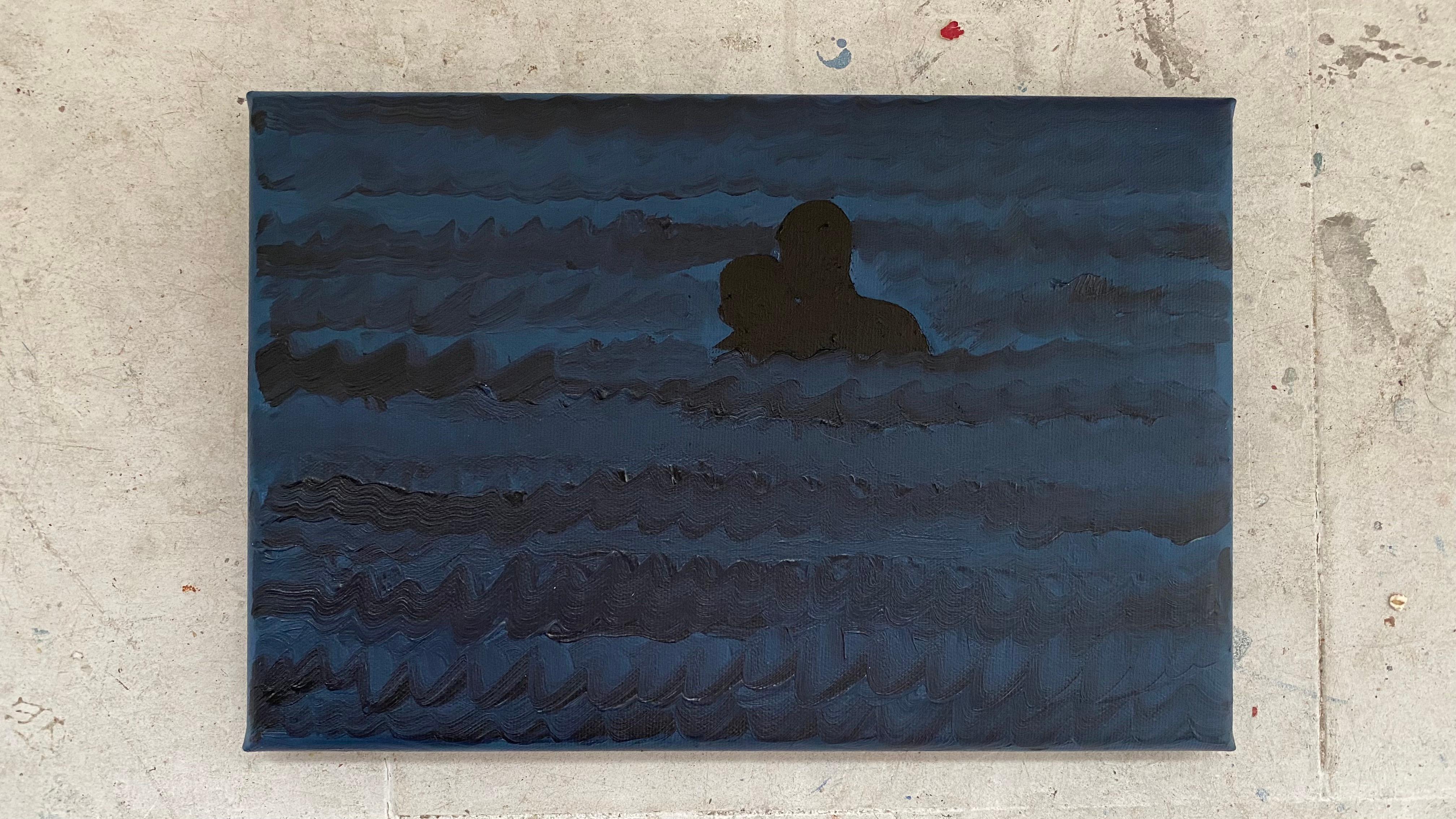 Glare 9 - Modern Figurative Oil Painting, Sea View, Waves, Night Swimming - Black Figurative Painting by Julita Malinowska