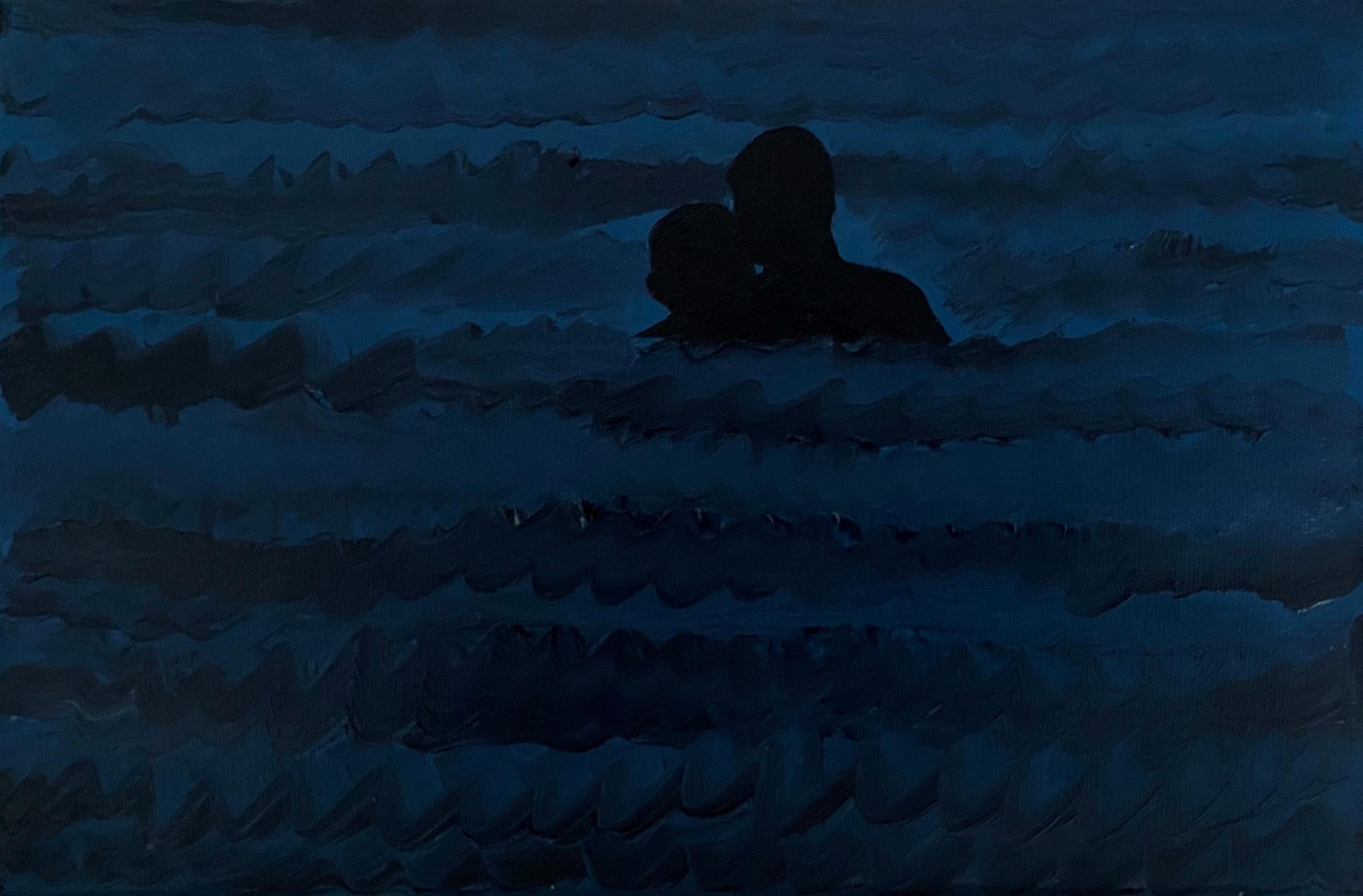 Julita Malinowska Figurative Painting - Glare 9 - Modern Figurative Oil Painting, Sea View, Waves, Night Swimming
