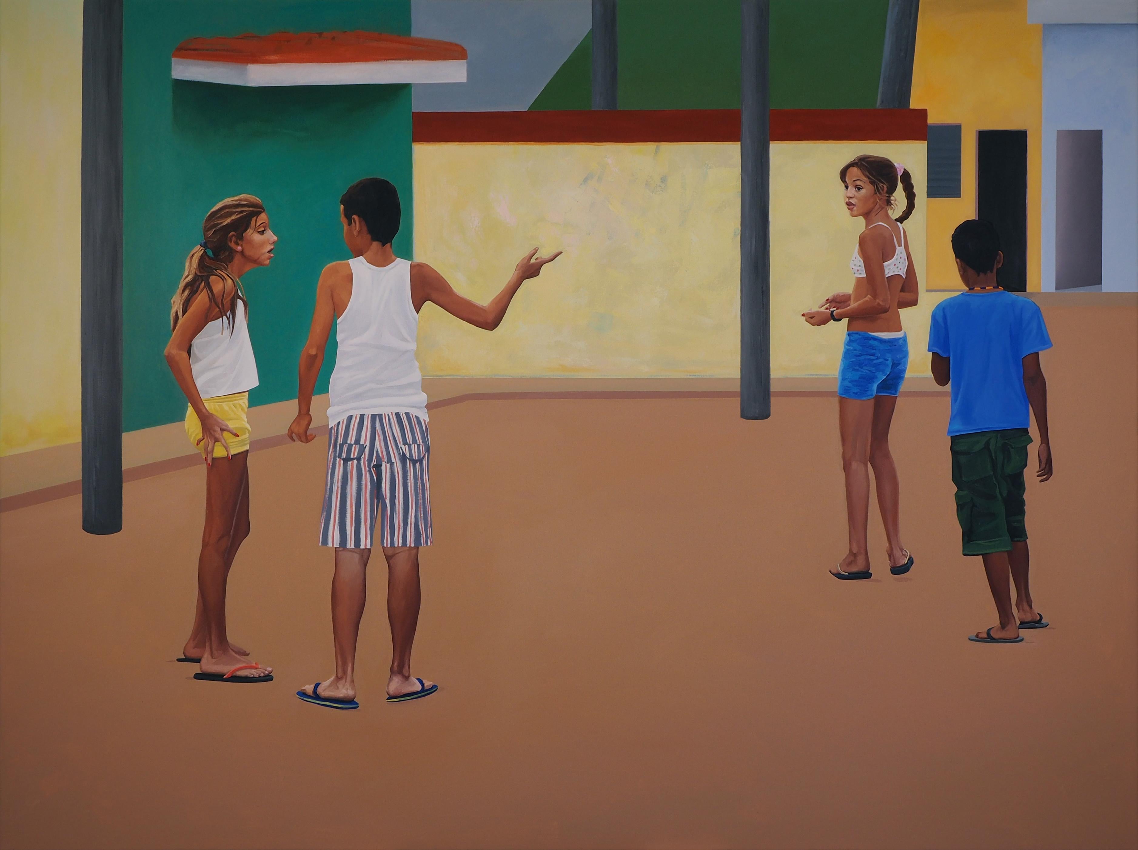 Figurative Painting di Julita Malinowska - Ragazzi - Grande formato, Pittura a olio moderna, Realismo, Colorato, Paesaggio urbano, Strada