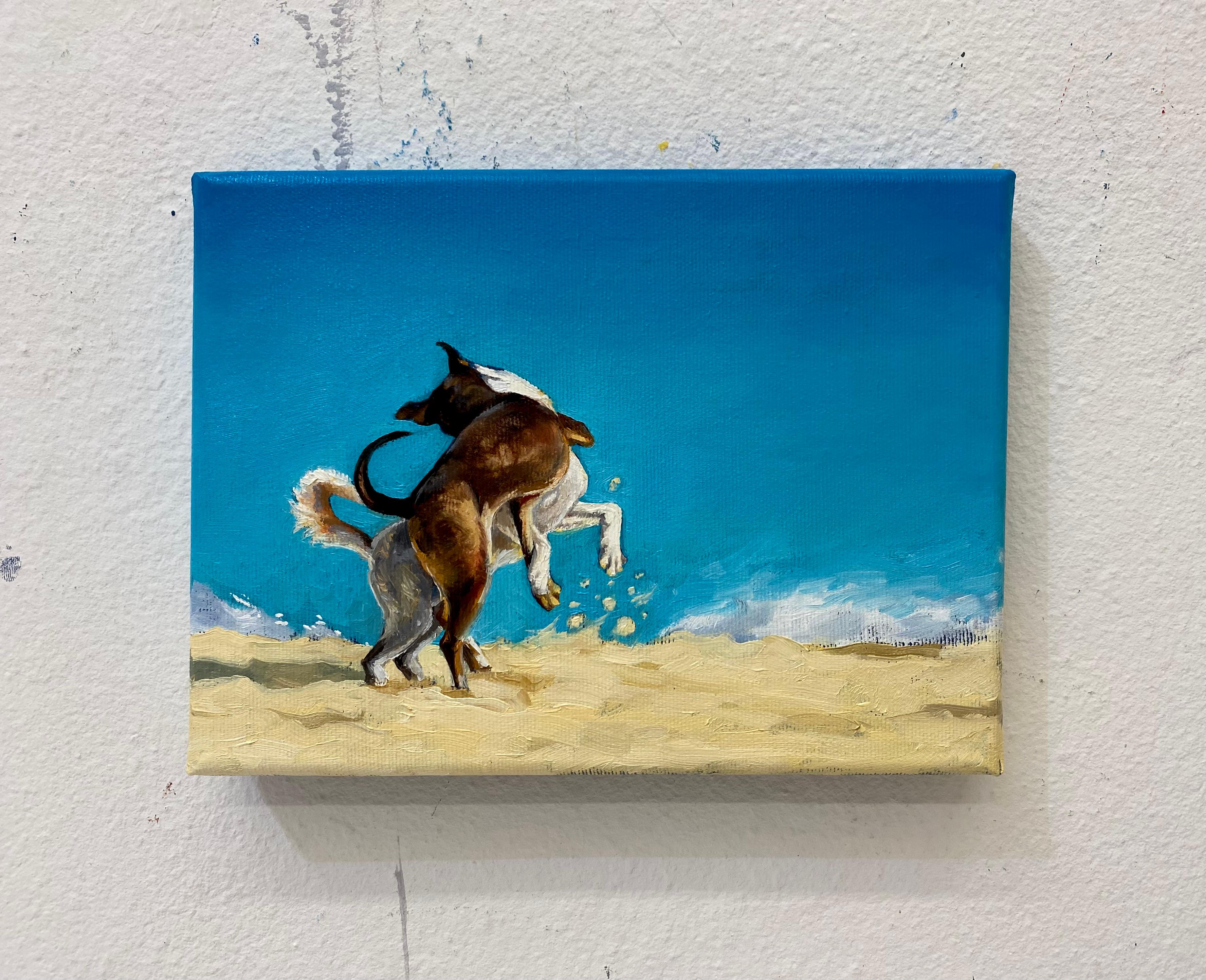 Hope IV - Pittura ad olio moderna figurativa e gioiosa, vista sul mare, onde, cani che giocano - Painting di Julita Malinowska