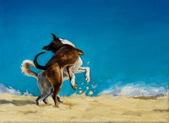 Hope IV - Peinture à l'huile figurative moderne pleine de joie, Vue de la mer, vagues, chiens jouant