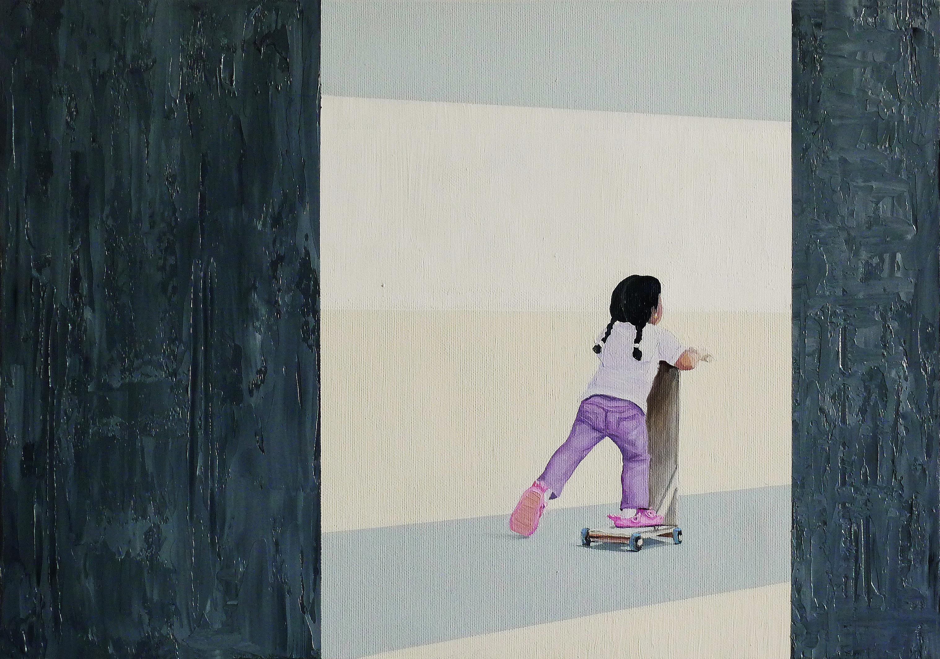 Kids Scooter - Contemporary Figurative Oil Painting, Child, Joyful, Realism 