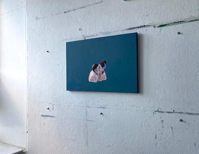 Kiss - Contemporary Figurative Oil Painting, Love, Joyful, Realism, Minimalism  - Blue Figurative Painting by Julita Malinowska