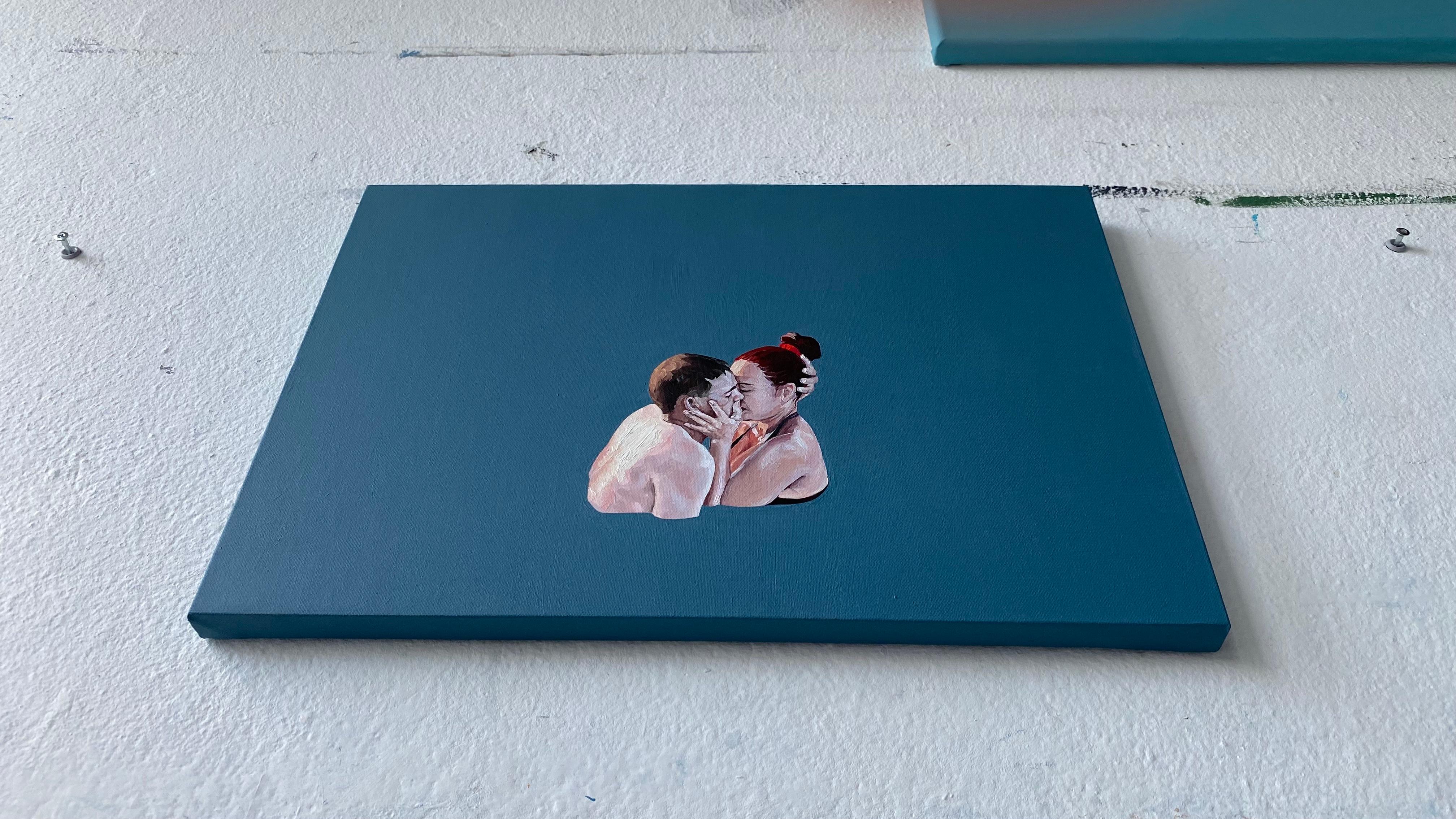 Kiss - Contemporary Figurative Oil Painting, Love, Joyful, Realism, Minimalism For Sale 2