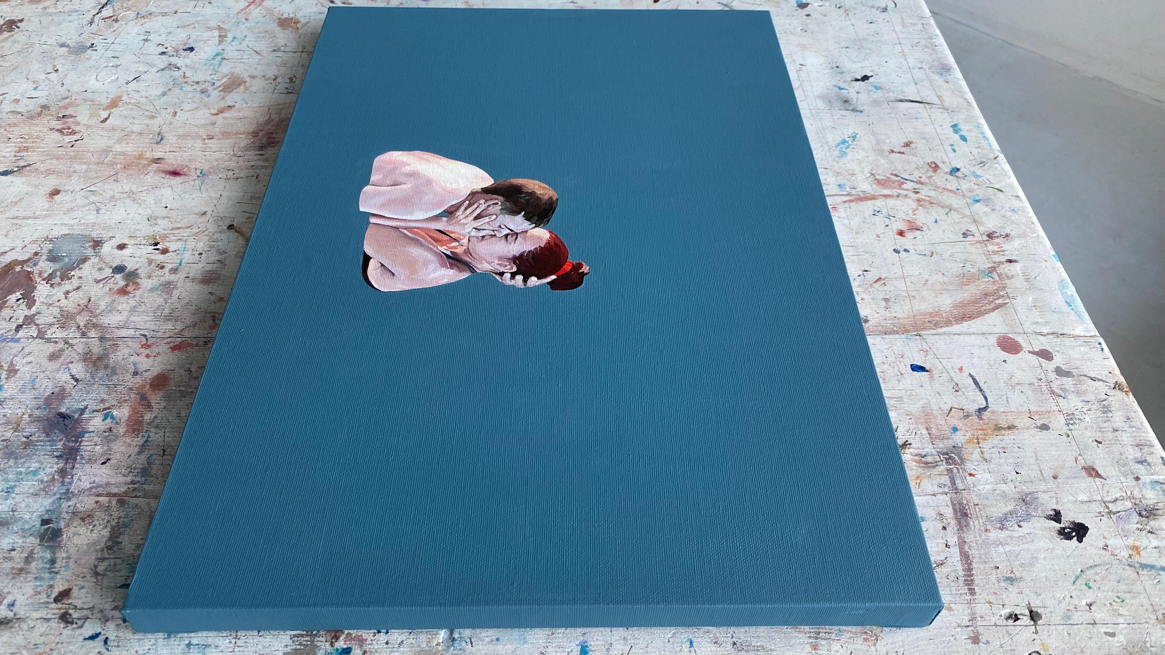 Kiss - Contemporary Figurative Oil Painting, Love, Joyful, Realism, Minimalism For Sale 4