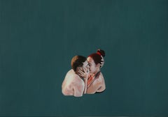 Kiss - Peinture à l'huile figurative contemporaine, amour, joie, réalisme, minimalisme 