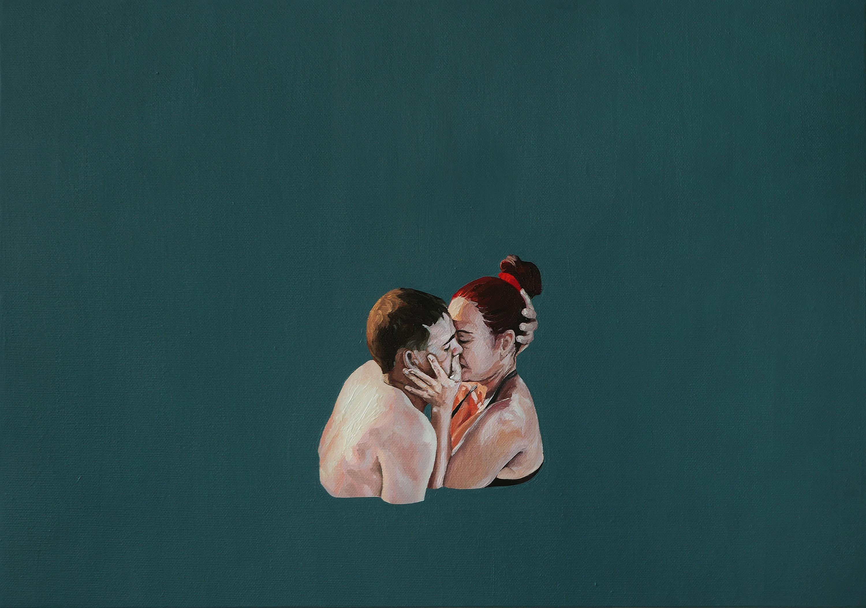 Bacio - Pittura ad olio figurativa contemporanea, Amore, Gioia, Realismo, Minimalismo