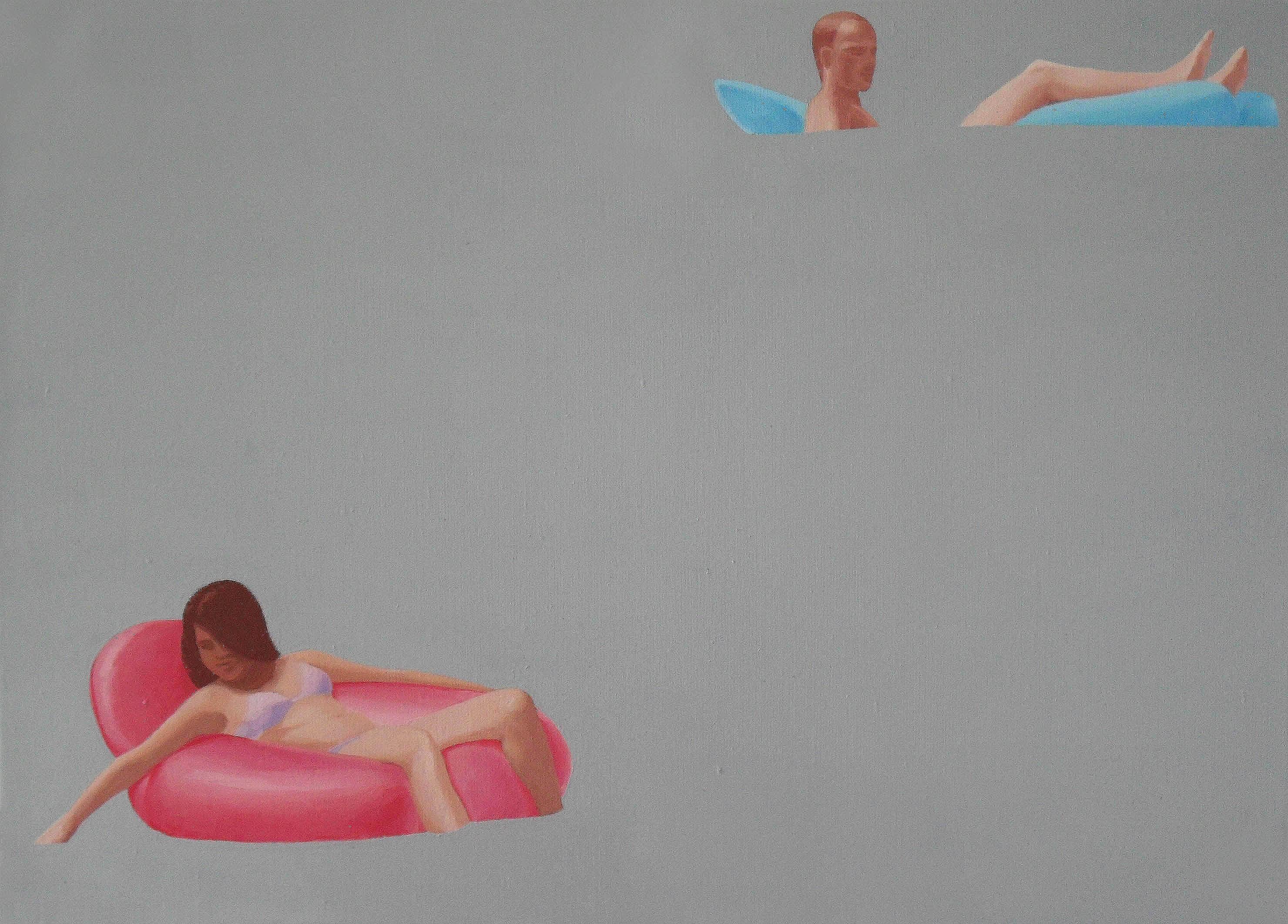 Julita Malinowska Nude Painting - Kitch - Modern Figurative Oil Painting, Sea View, Realism, Swim Floats, Pastel 