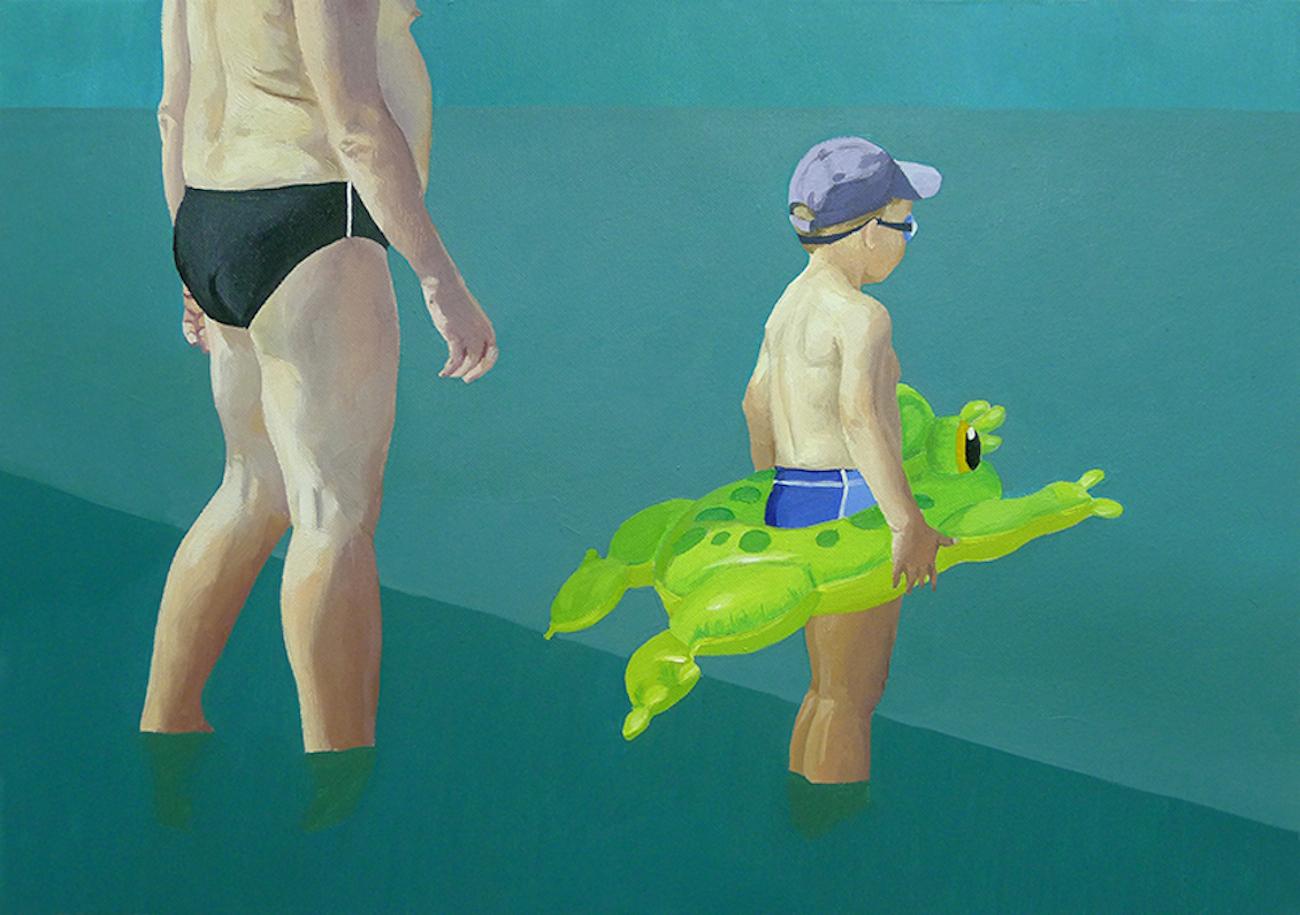 Julita Malinowska Figurative Painting - Little Frog - Minimalistic Figurative Oil Painting, Beach, Realism, Seascape