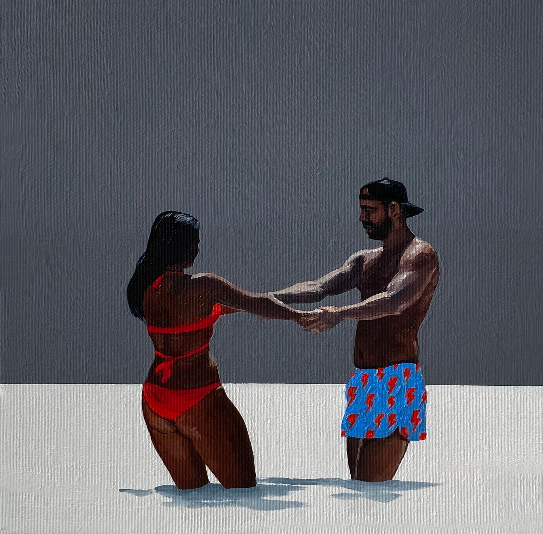 Peace X - Peinture à l'huile figurative moderne, vue de plage, paysage, vue sur la mer, amour