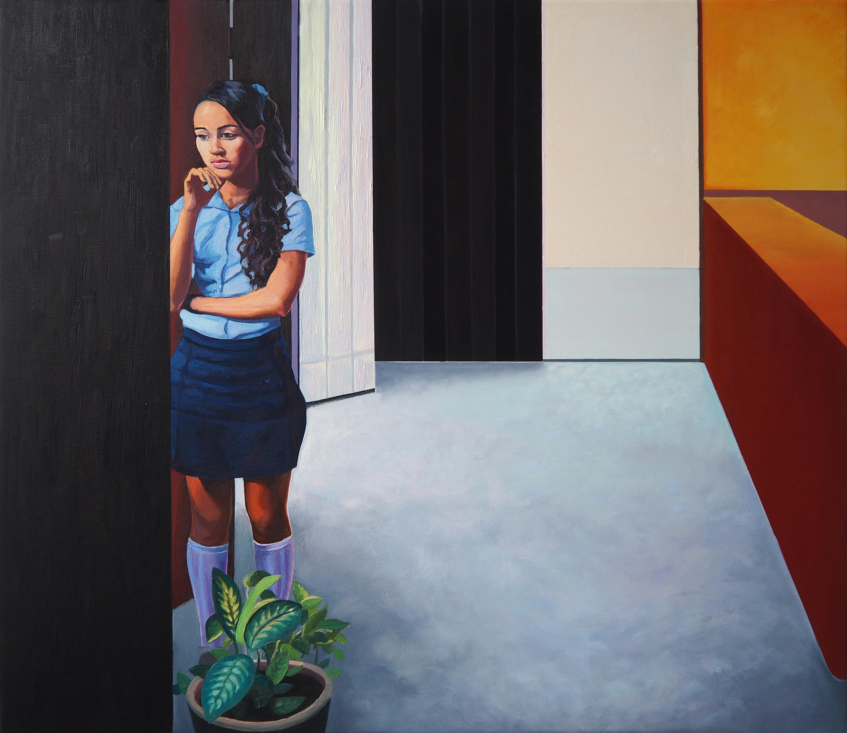 Figurative Painting de Julita Malinowska - Chica pensativa - Pintura al óleo figurativa contemporánea, Retrato de mujer moderno