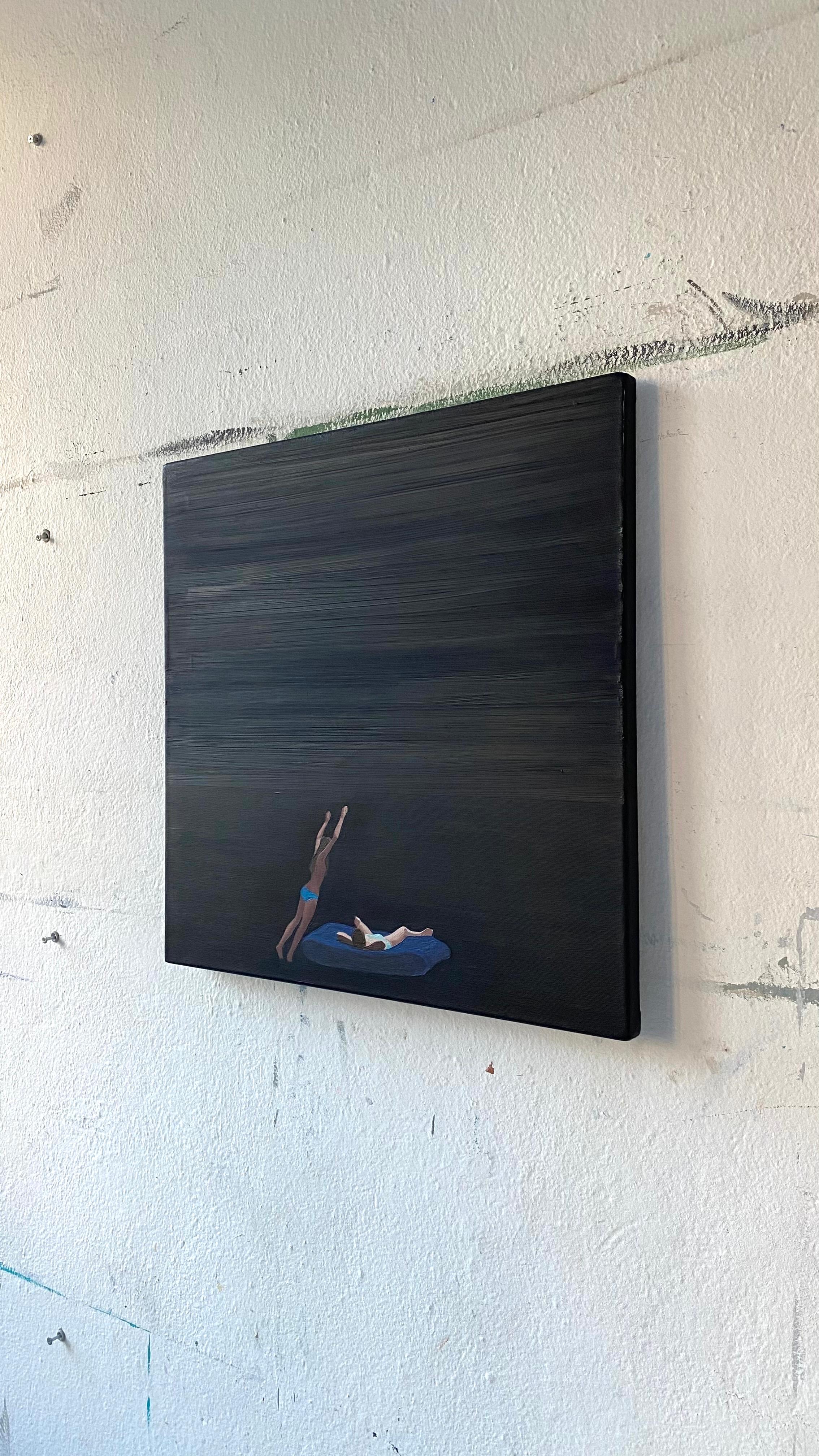 Sonnenuntergang I – Minimalistisches figuratives Ölgemälde, Meereslandschaft, Jump Into The Water (Schwarz), Landscape Painting, von Julita Malinowska