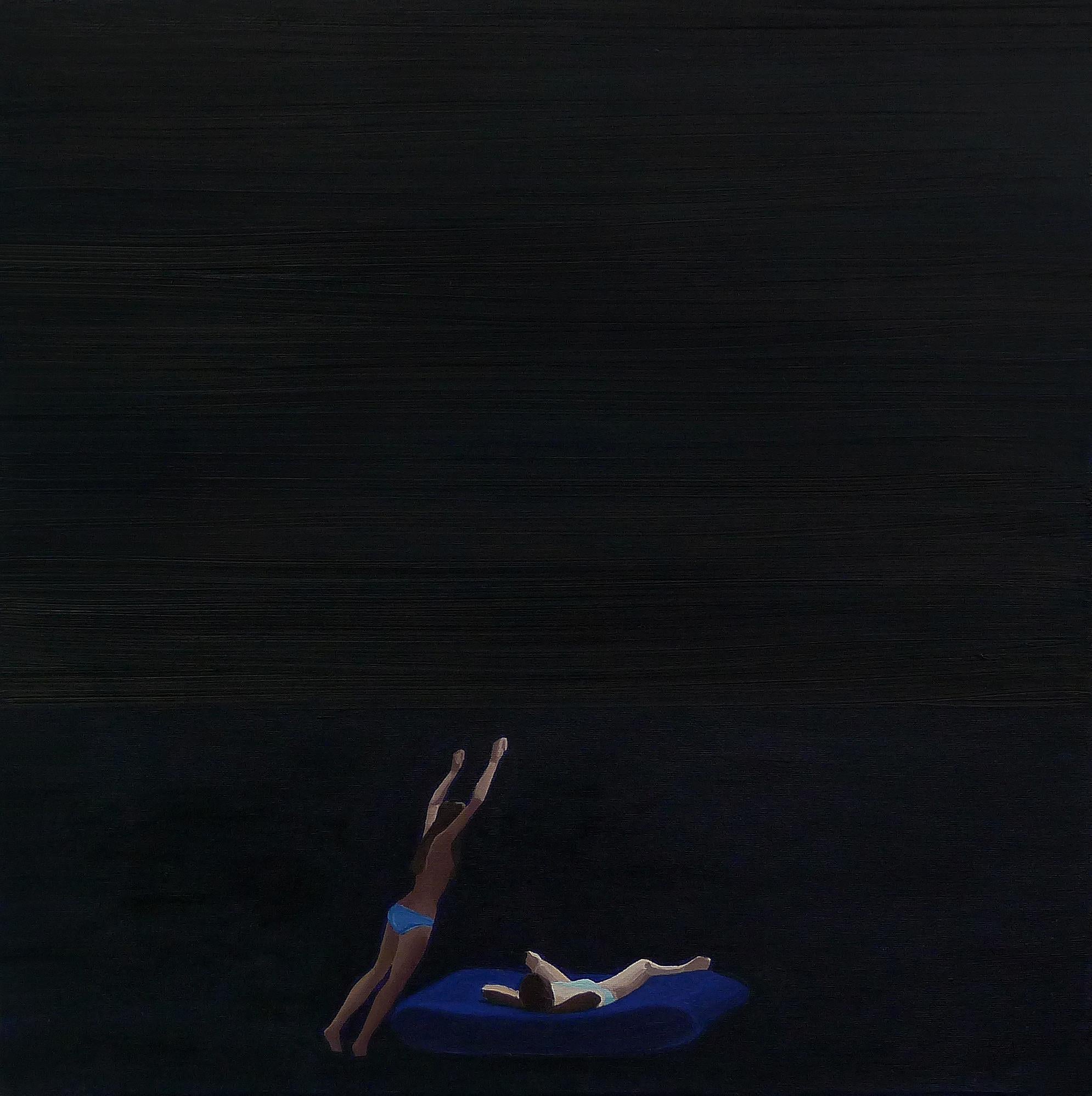 Julita Malinowska Landscape Painting - Sunset I - Minimalistic Figurative Oil Painting, Seascape, Jump Into The Water