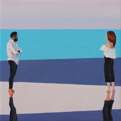 Sonnenuntergang I  Modernes figuratives Ölgemälde, Paar, Meeresansicht, Realismus, farbenfrohes