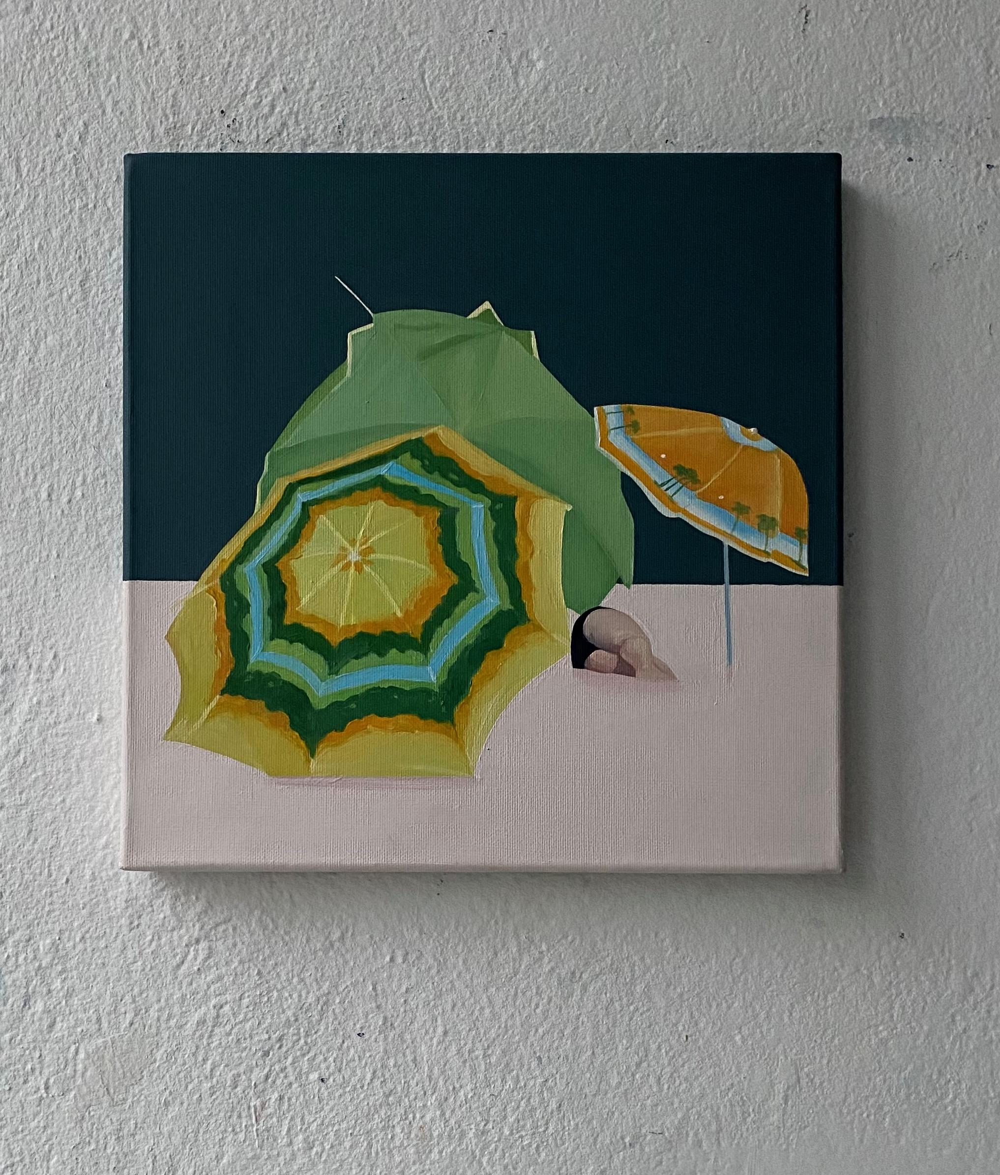 Sonnenschirme – zeitgenössisches figuratives Ölgemälde, Strandansicht, farbenfrohes, fröhliches  – Painting von Julita Malinowska