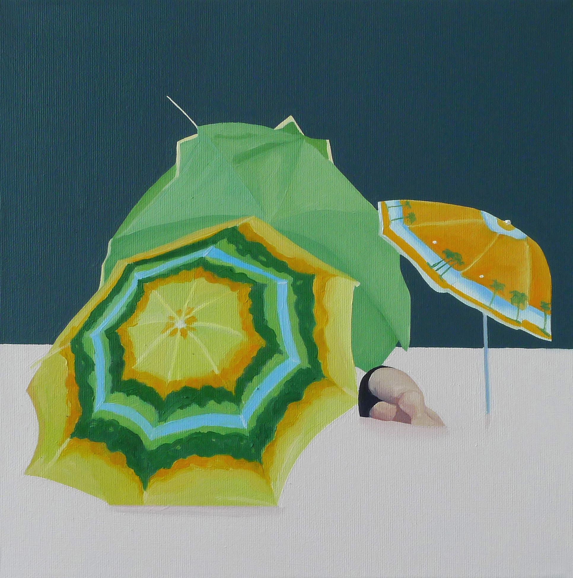 Julita Malinowska Abstract Painting – Sonnenschirme – zeitgenössisches figuratives Ölgemälde, Strandansicht, farbenfrohes, fröhliches 